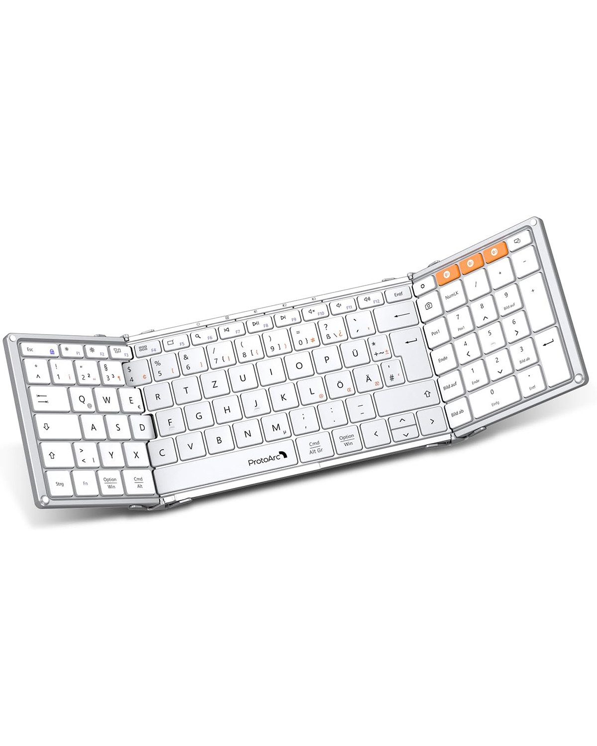 ProtoArc klein faltbar mit Nummernblock – wiederaufladbar Tastatur (drahtlos & 3 Bluetooth-Verbindungen gleichzeitig, Weiß)