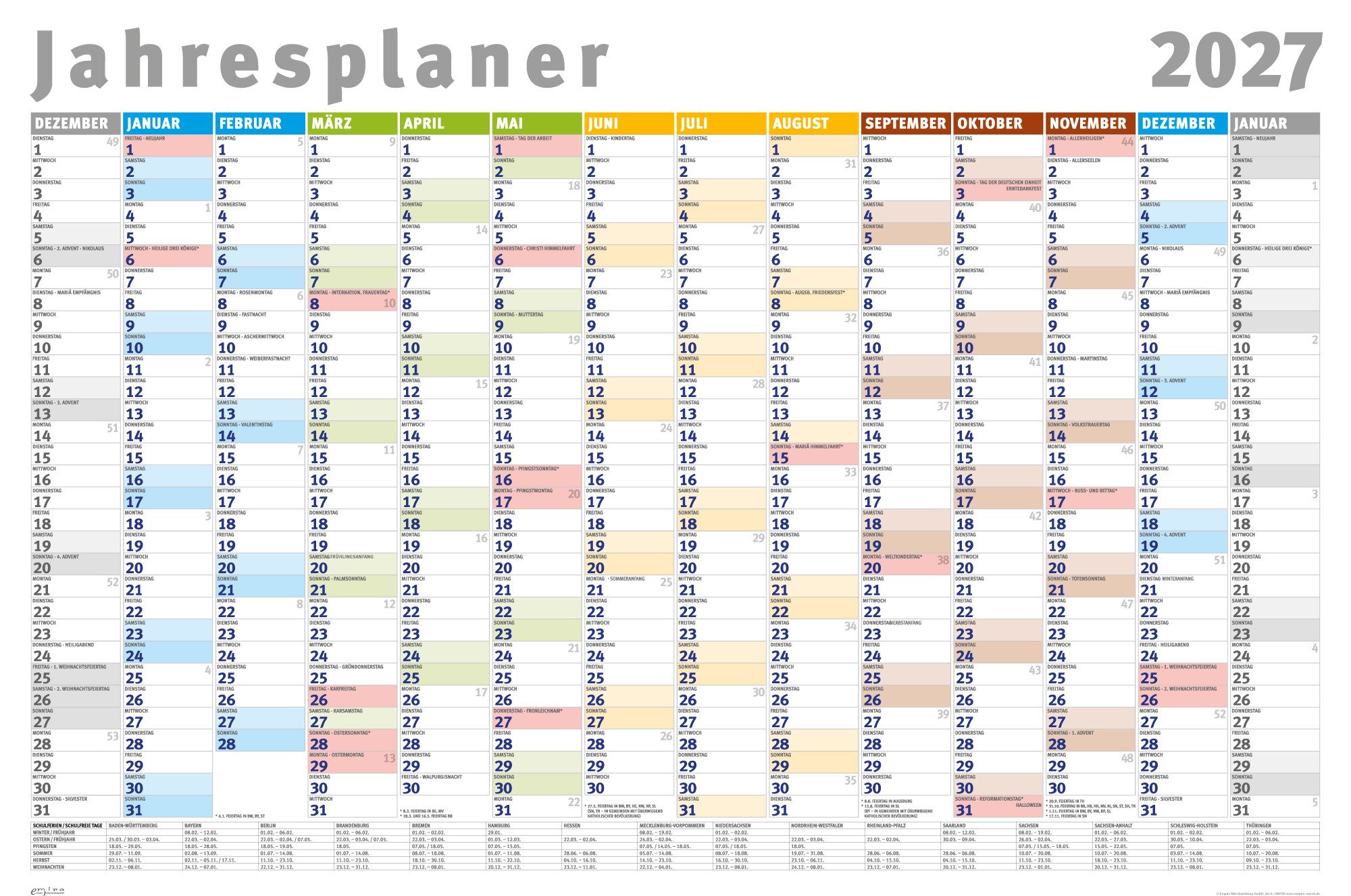 Poster MB 13 - Jahresplaner 2027 - Wandplaner Kalender Poster Druck - 91,5x61
