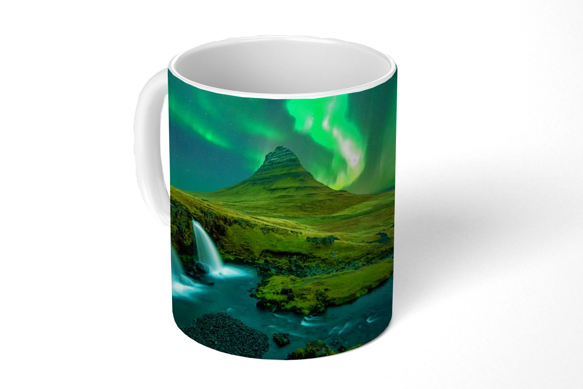 MuchoWow Tasse Nordlichter - Wasserfall - Berg - Island, 1-tlg., Keramik, Kaffeetassen, Teetasse, Becher, Kaffeebecher, Geschenk