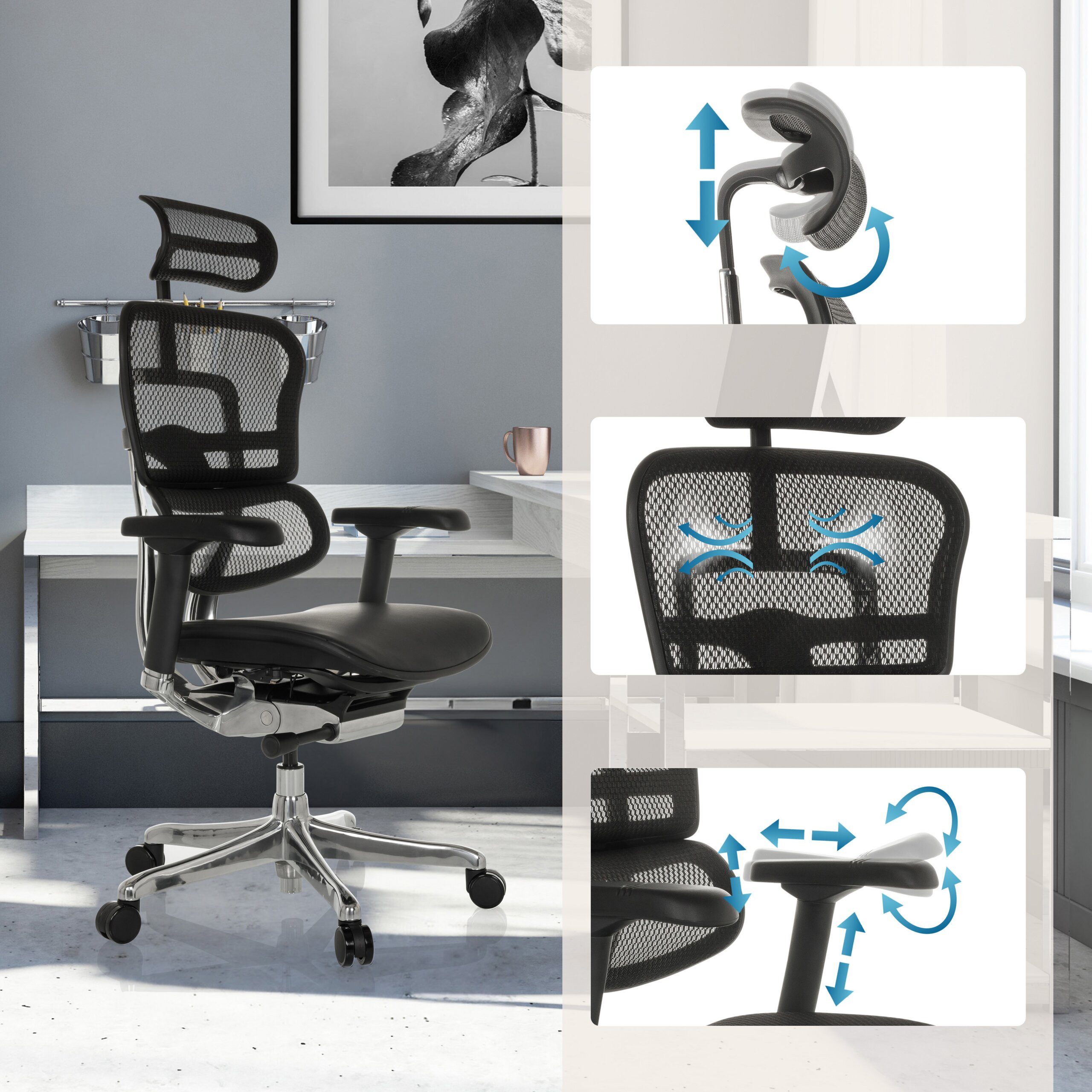 hjh OFFICE Drehstuhl Luxus Chefsessel Ergohuman Gen2 Leder/Netzstoff (1 St), Profi Bürostuhl Schreibtischstuhl ergonomisch