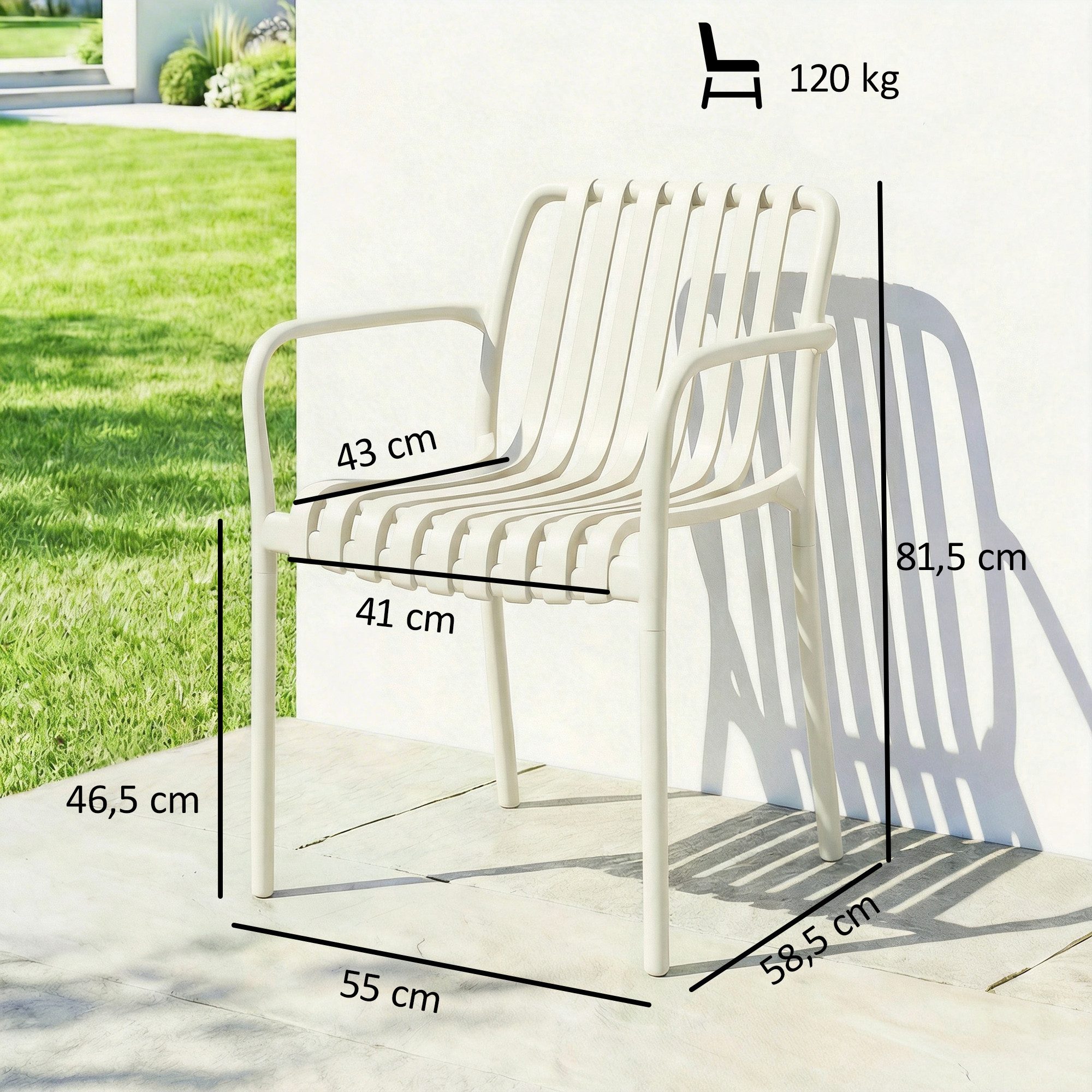 Outsunny Gartenstuhl Stapelbare Balkonstühle mit Lamelldesign-Armlehnen ergonomisch 120kg (Terrassenstühle, 4 St), für Garten, Balkon Terrasse 55 x 58,5 x 81,5 cm Cremeweiß