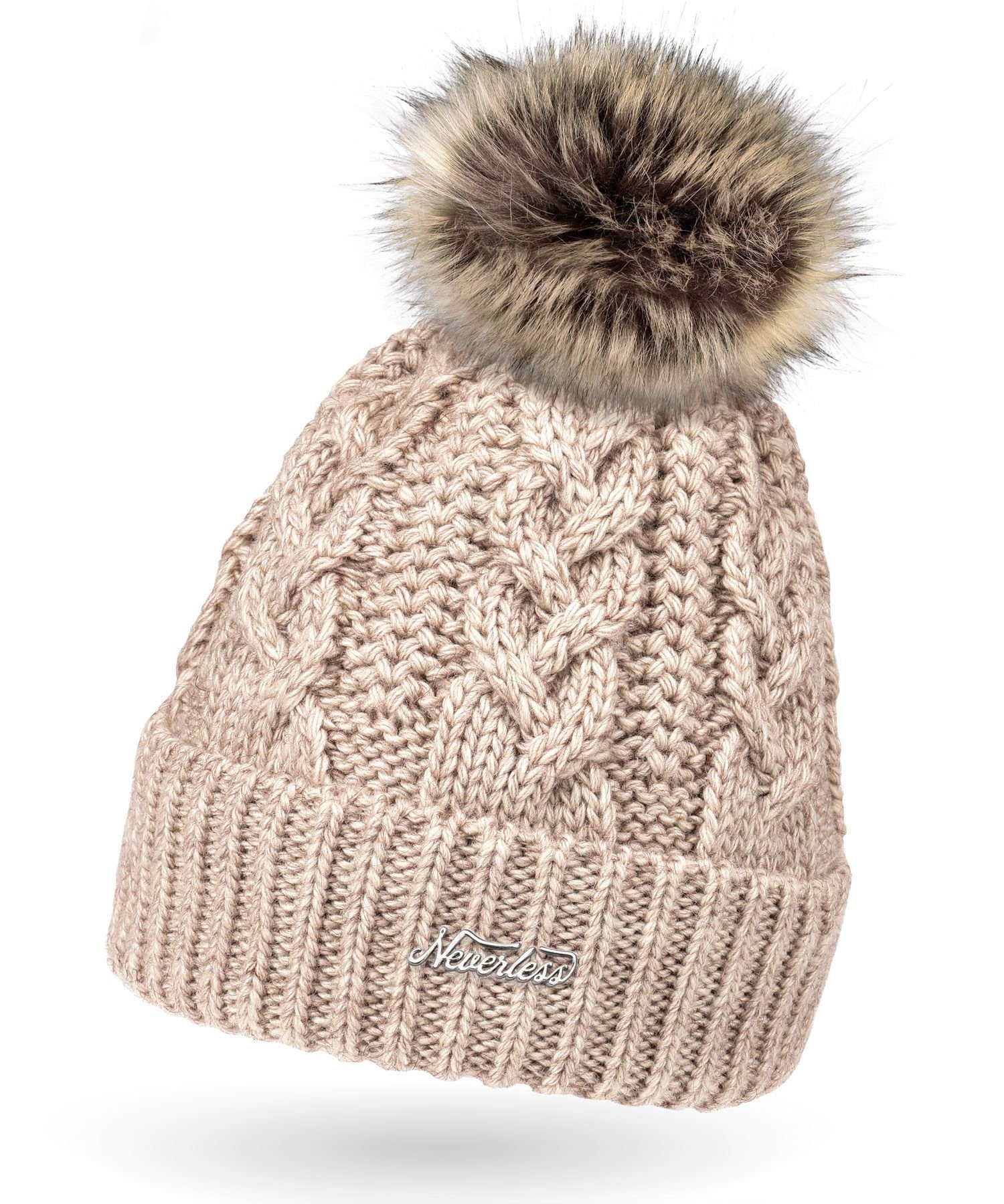 Neverless Bommelmütze Damen Strick-Mütze gefüttert Fell-Bommel günstig online kaufen