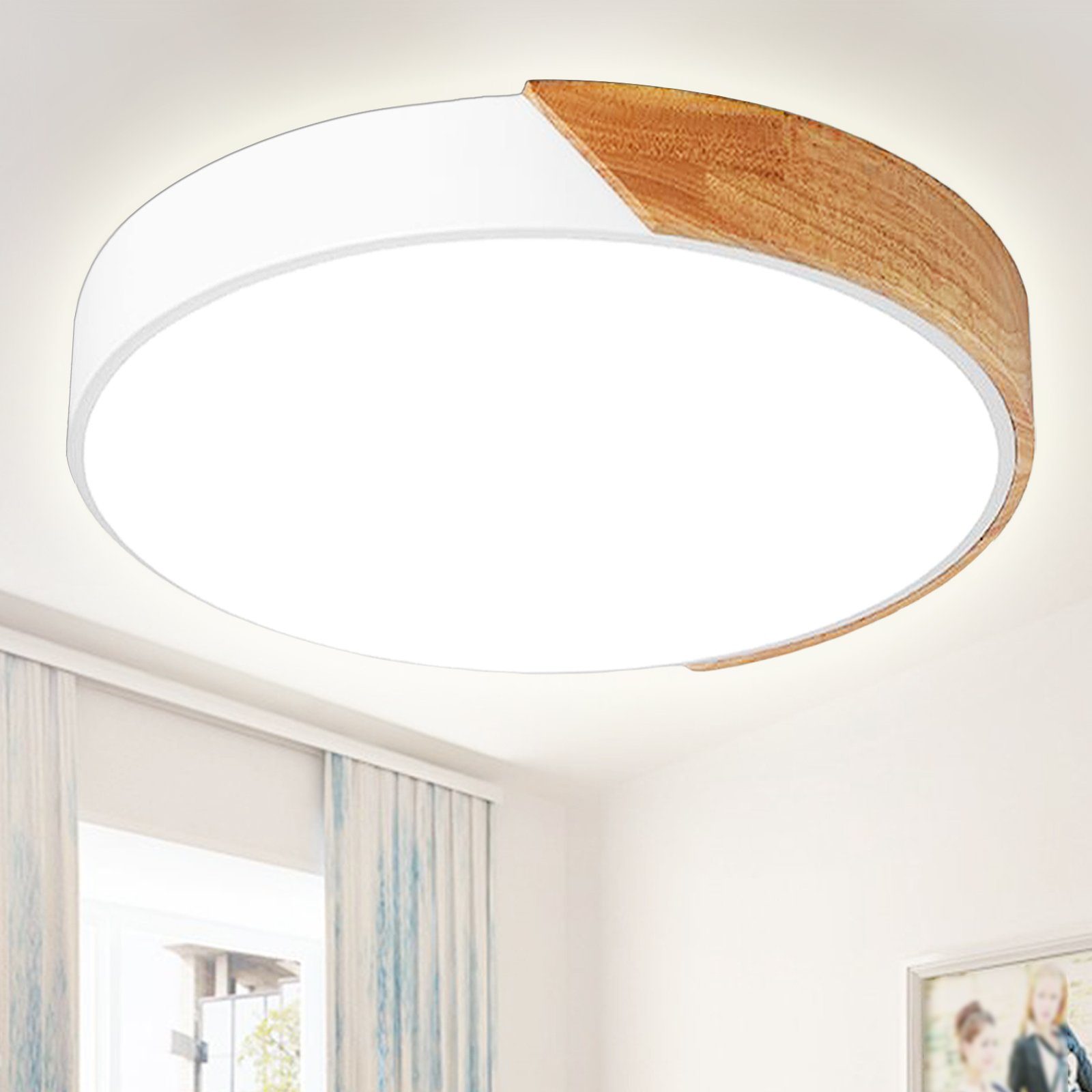 Natsen Deckenleuchte, Dimmfunktion, LED 24W runde Holz Deckenlampe (40 x 40  x 5cm), LED fest integriert, 3000K-6000K, Lampe für Wohnzimmer Büro  Schlafzimmer