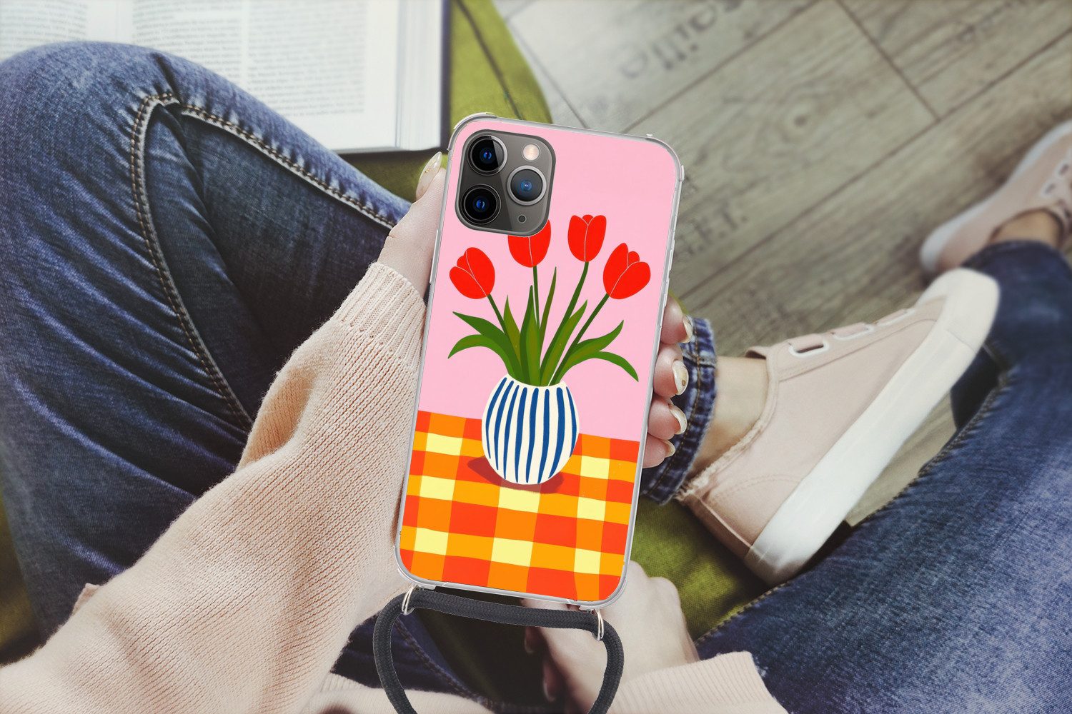 MuchoWow Handyhülle für Apple iPhone 13 Pro Max Tulpen - Rosa - Vase, Tragbare Handyhüllen mit Kette zum umhängen, Handykette Handyband