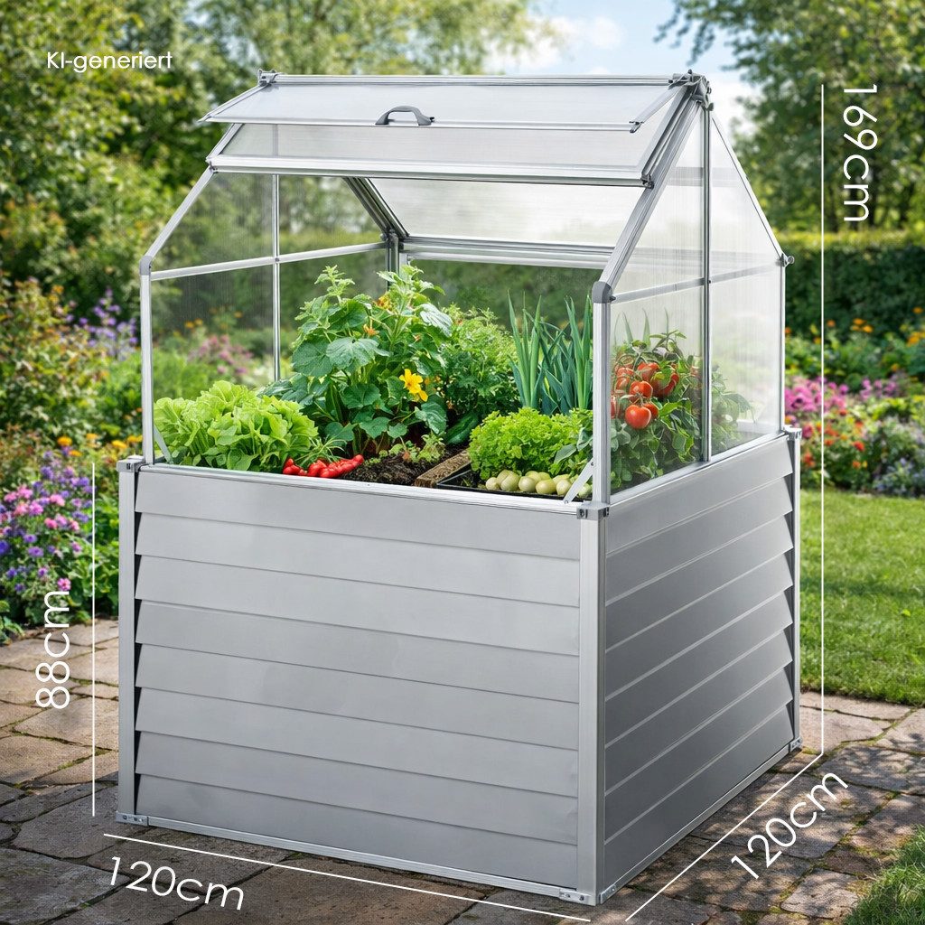 Powertec Garden Hochbeet mit Dach Anzuchtbeet Pflanzbeet Metall Frühbeet Gemüsebeet Gewächshaus, Pflanzschalen mit Drainage, Alu & Stahl galvanisiert – Bild 2 von 4