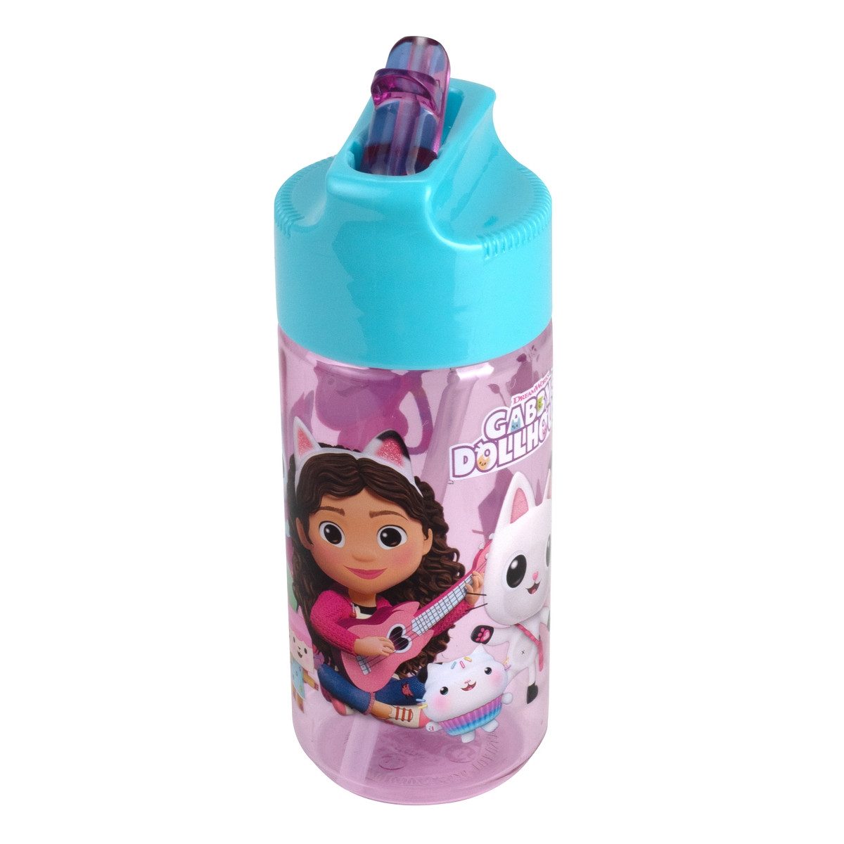 p:os Trinkflasche Trinkflasche GABBY'S DOLLHOUSE mit Trinkhalm 360ml transparent/lila/tü