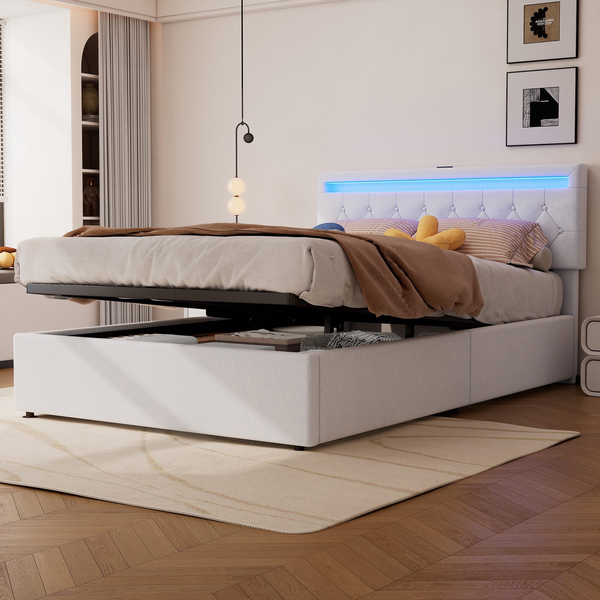 Flieks Polsterbett, LED Hydraulisches Doppelbett 140x200cm mit Ladefunktion günstig online kaufen