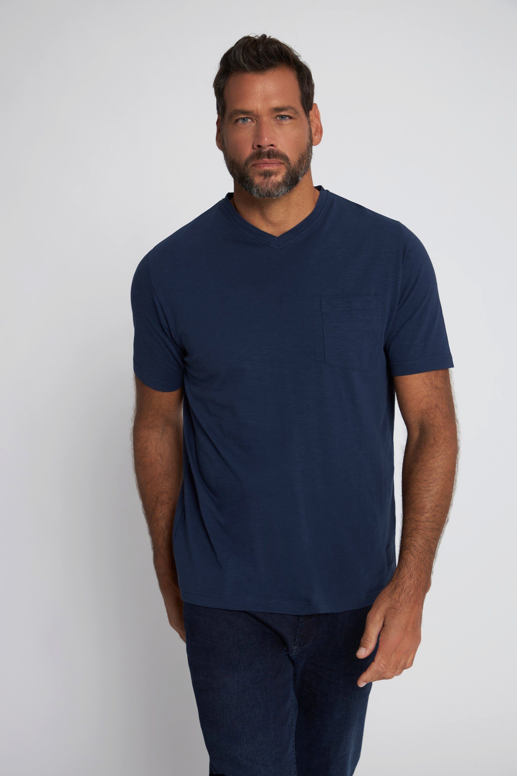 T-Shirt mattes Halbarm Flammjersey T-Shirt V-Ausschnitt JP1880 Basic nachtblau