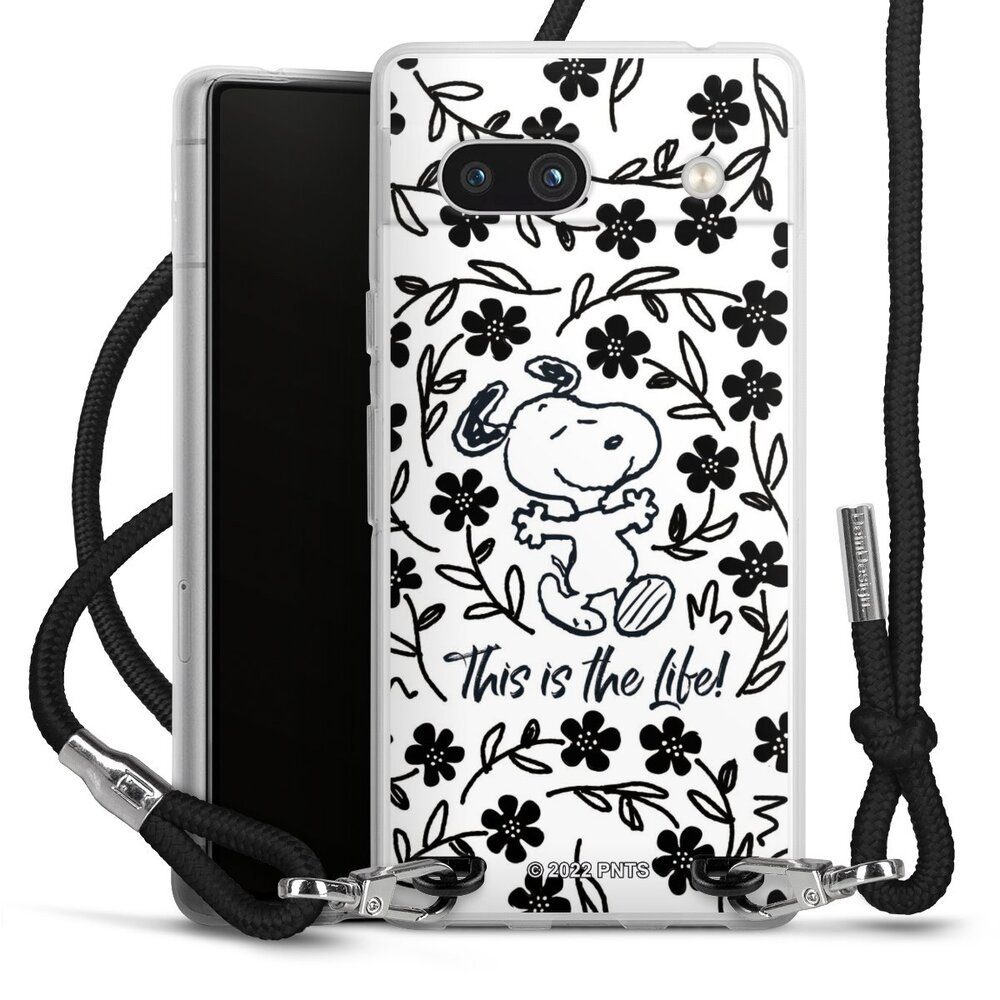 DeinDesign Handyhülle Peanuts Blumen Snoopy Snoopy Black and White This Is The Life, Google Pixel 7a Handykette Hülle mit Band Case zum Umhängen