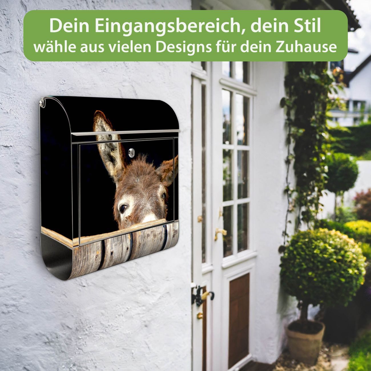banjado Wandbriefkasten Edelstahl mit Motiv Esel (Wandbriefkasten groß, mit Zeitungsfach), 38 x 42,5 x12 cm