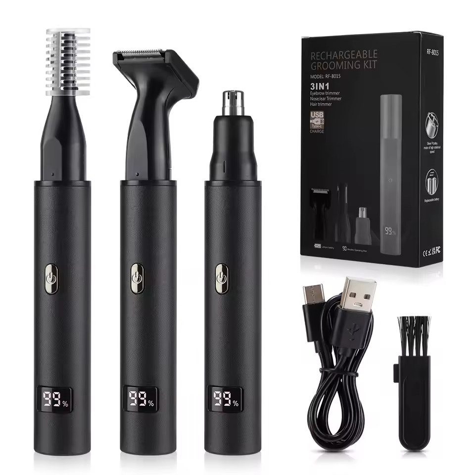 Athlix Nasenhaartrimmer Elektrisches 3-in-1 Nasen- und Ohrenhaarschneider-Set, Digitale Ladestandanzeige, Kompaktes Mini-Taschenformat