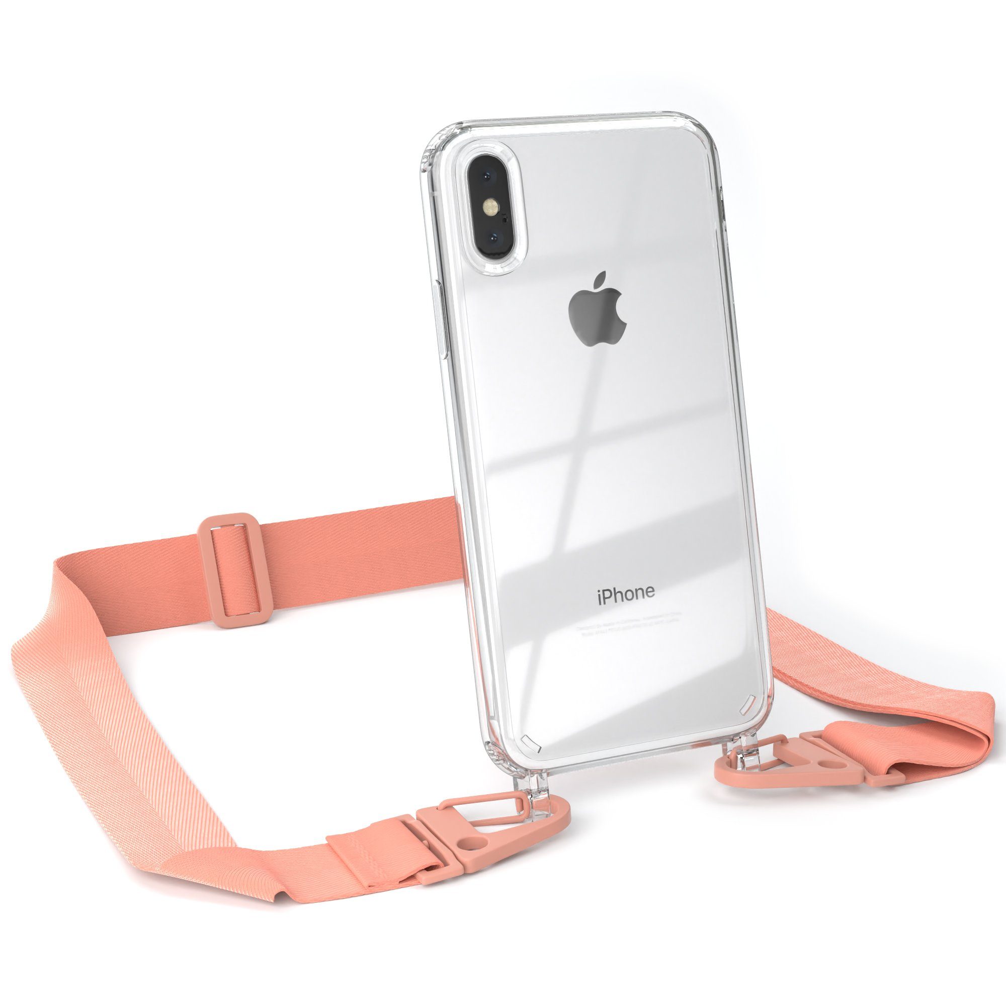 EAZY CASE Handykette Silikon Kette Karabiner für iPhone X / iPhone XS 5,8 Zoll, Silicon Handyhülle mit breiter Kette Carabiner Necklace Altrosa Coral