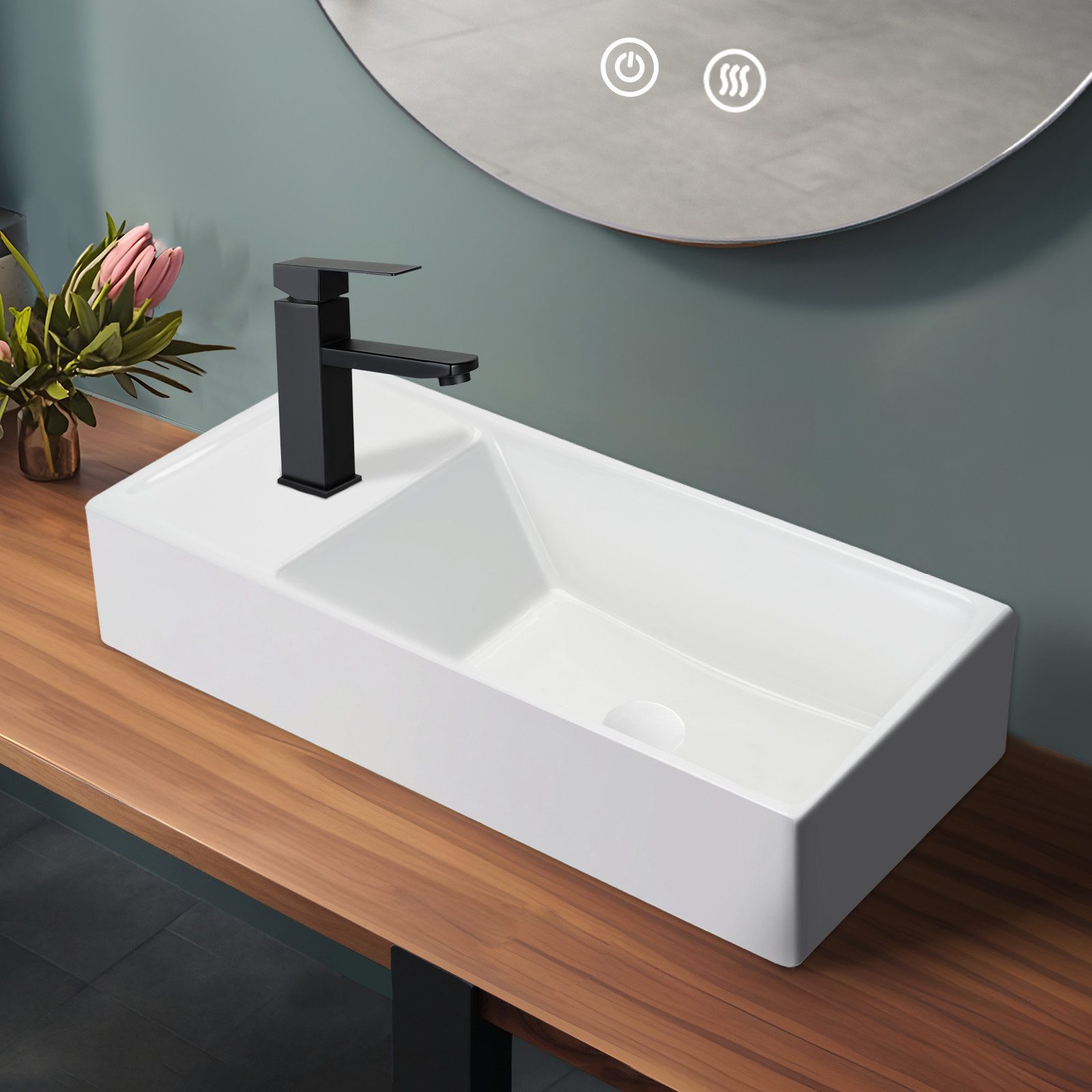 ZMH Waschbecken Badezimmer Aufsatzwaschbecken Keramik - Eckig Waschschale, Mit Hahnloch Waschplatz Klein Wandmontage Aufsatz Hängewaschbecken
