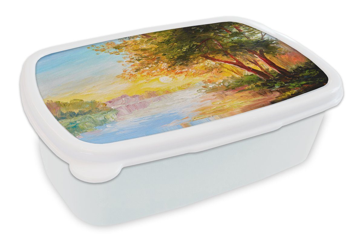 MuchoWow Lunchbox Natur - Malerei - Baum - Wasser, Kunststoff, (2-tlg), Brotbox für Kinder und Erwachsene, Brotdose, für Jungs und Mädchen weiß