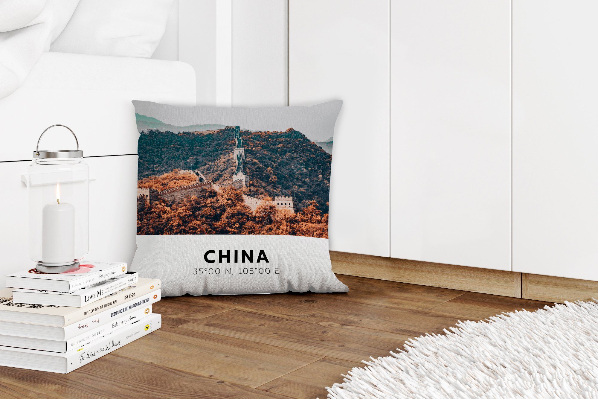 Schlafzimmer, China Große - Sofakissen für - MuchoWow Deko, Füllung Dekokissen Herbst, Wohzimmer, mit Zierkissen Mauer