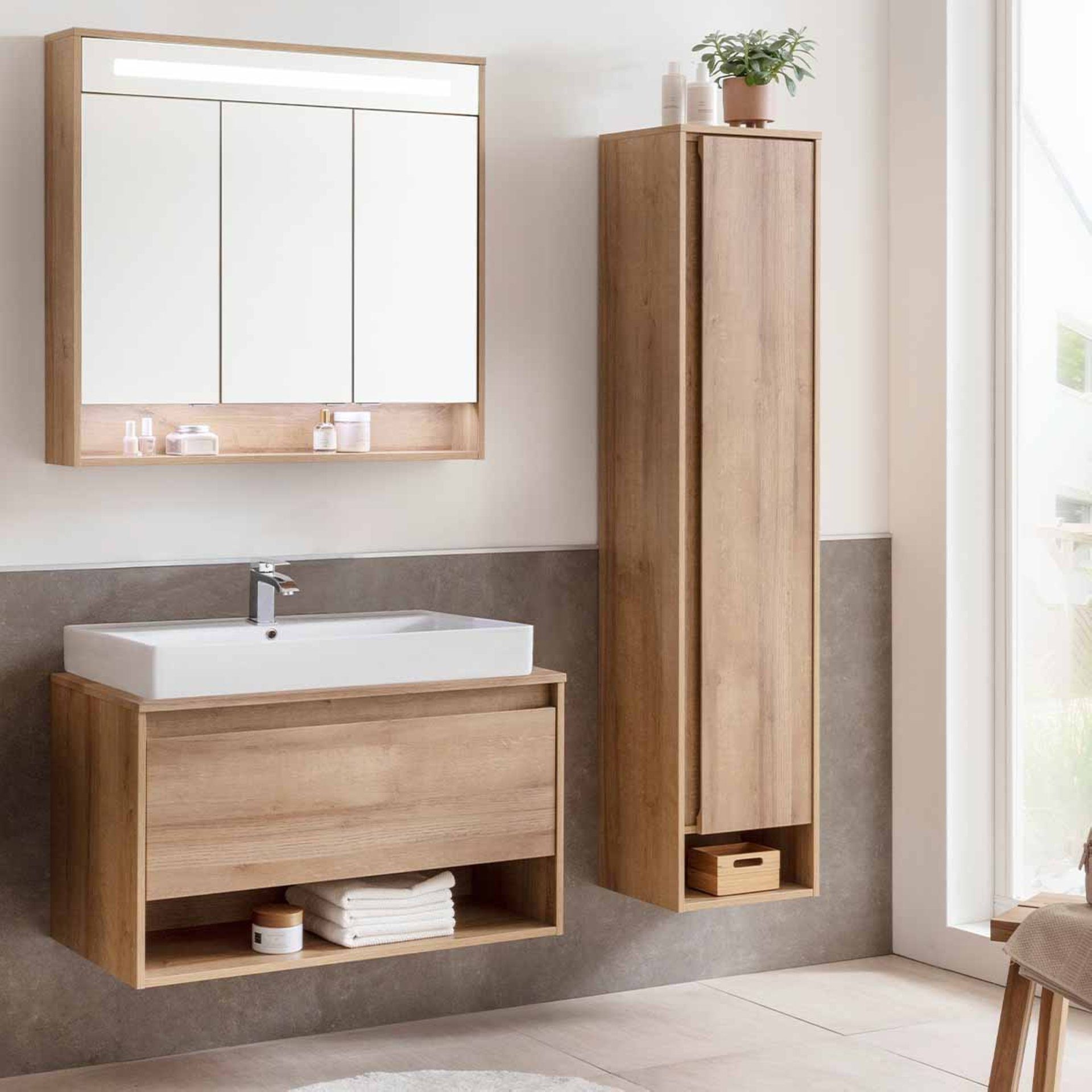 FACKELMANN Badmöbel-Set NATURA Badmöbelset 4-teilig, 94 cm, Spiegelschrank + Hochschrank