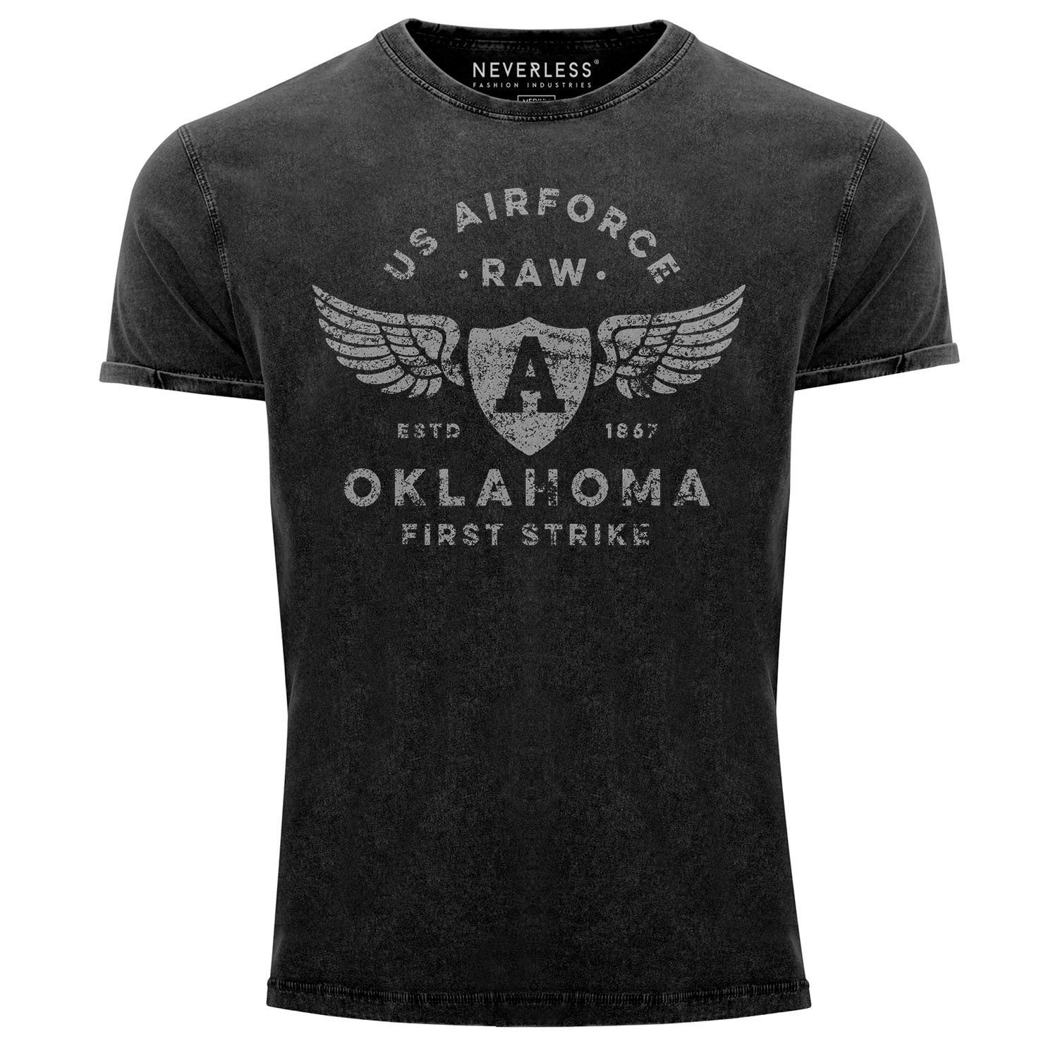 Neverless Print-Shirt Herren Vintage Shirt Print US Airforce Oklahoma Aviator Used Look Slim Fit Neverless® mit Print schwarz