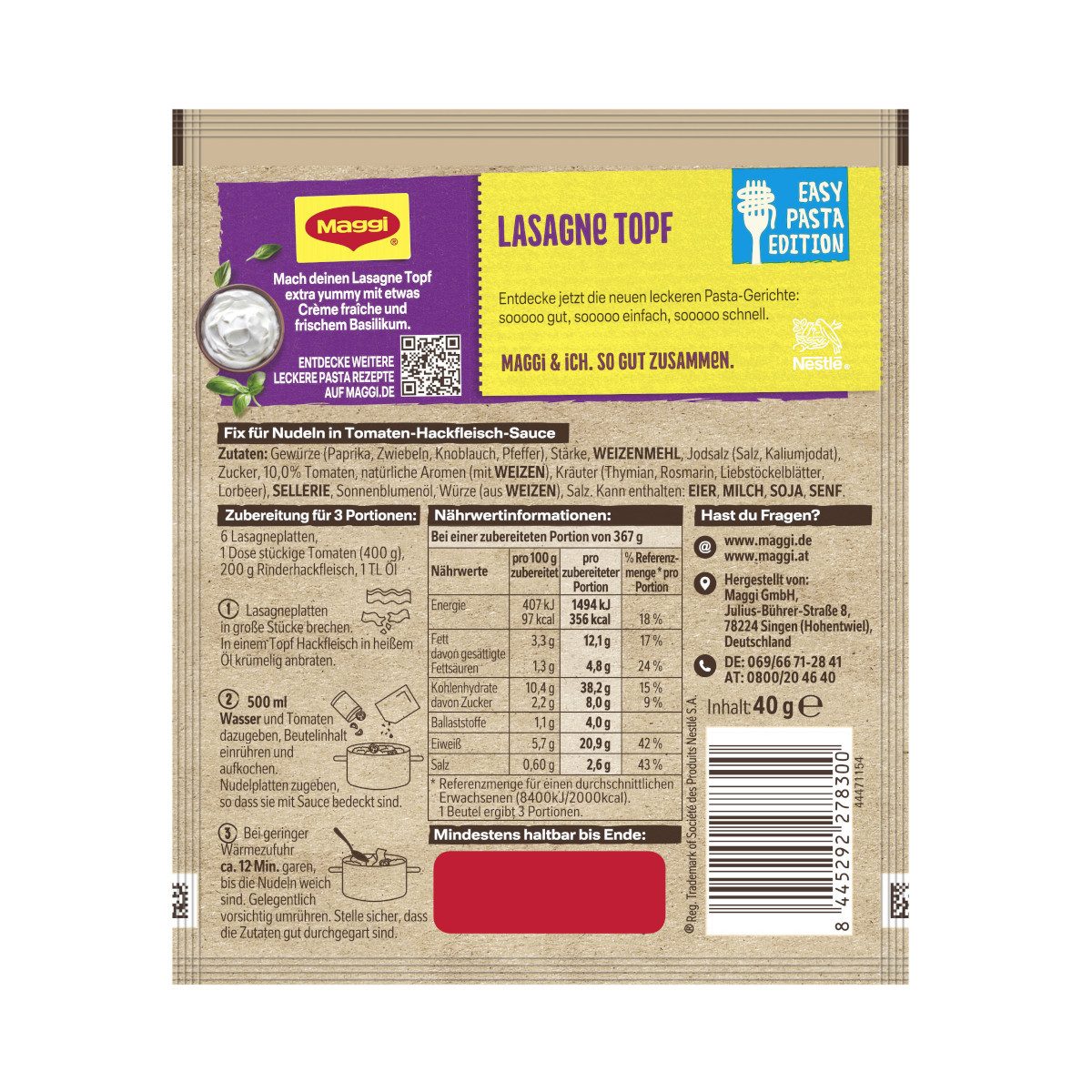MAGGI Gewürz, Maggi Fix Lasagne Topf für Tomaten-Hackfleisch-Sauce Packung 40g