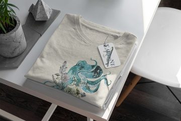 Sinus Art T-Shirt Herren Shirt 100% gekämmte Bio-Baumwolle T-Shirt Blumen Oktopus Wasserfarben Motiv Nachhaltig Ökomo (1-tlg)