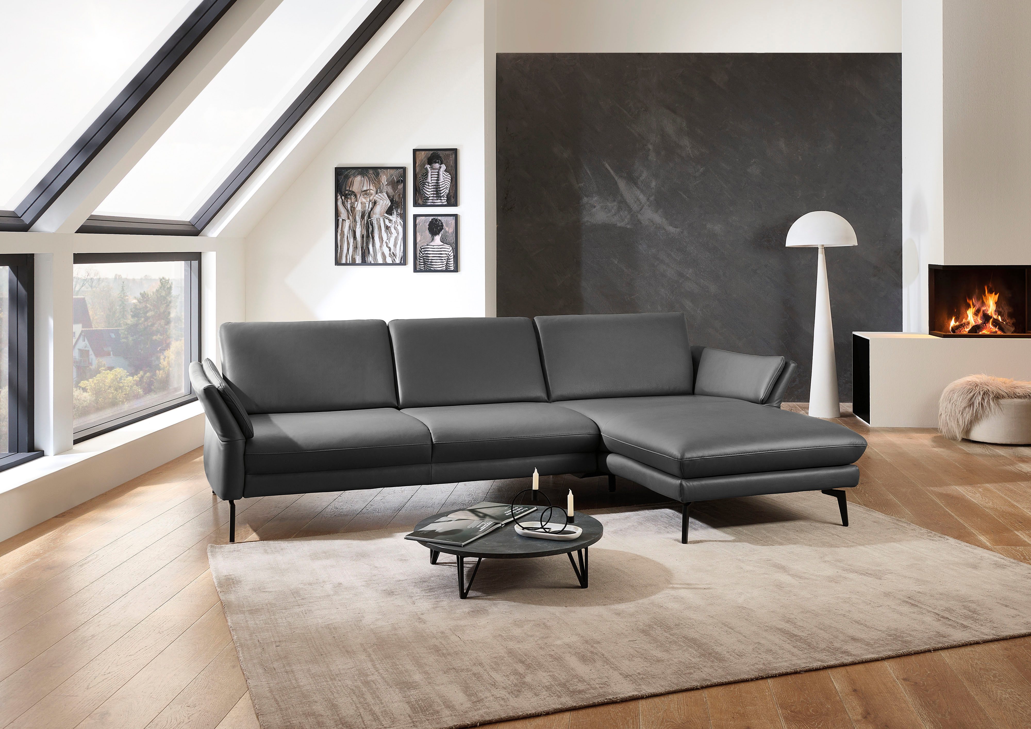 Die PlanBar Ecksofa PN-EM23050, L-Form, Breite 289 cm, Leder, 2 Teile, Optional mit Echtleder-Rücken, Kopfstütze, Sitz- und Armverstellung