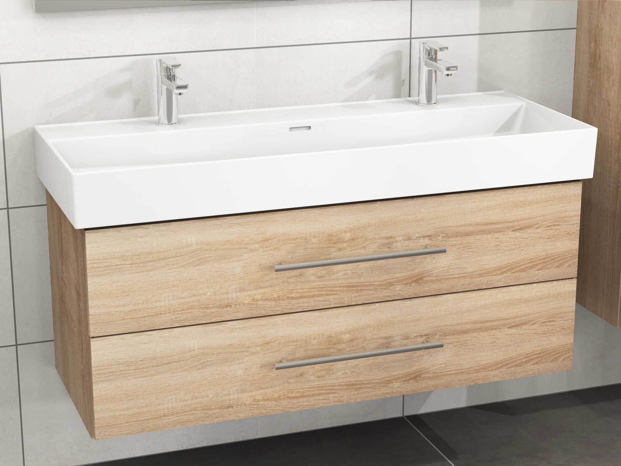 Aqua Bagno Badmöbel-Set Aqua Bagno Flex Badmöbel 120cm Eiche Gold mit Keramikwaschbecken, (vormontiert, 2-St., Badmöbelschrank, Keramikwaschbecken)