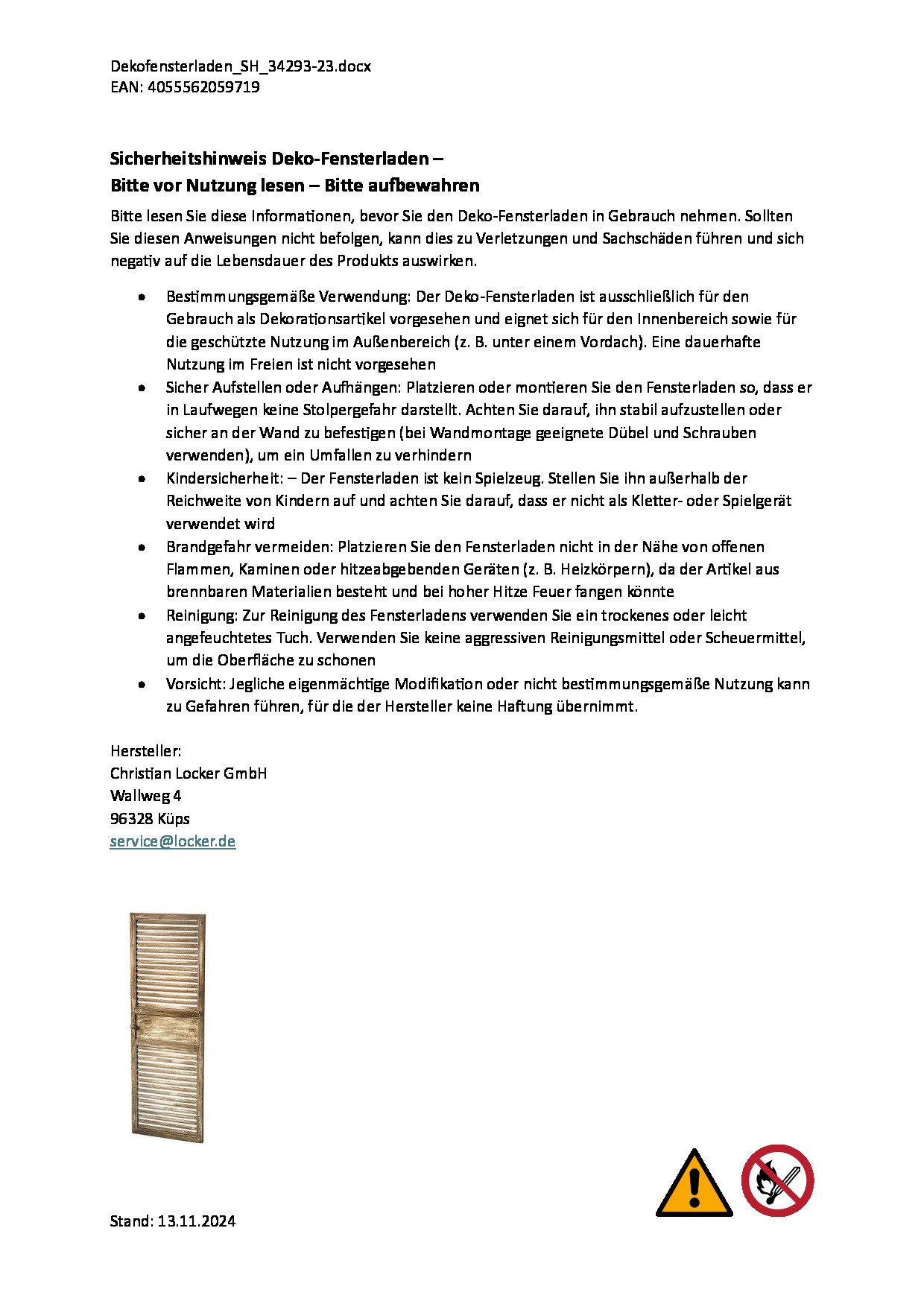 Kobolo Dekoobjekt Deko Fensterladen gray vintage - 40x115 cm, aus Holz