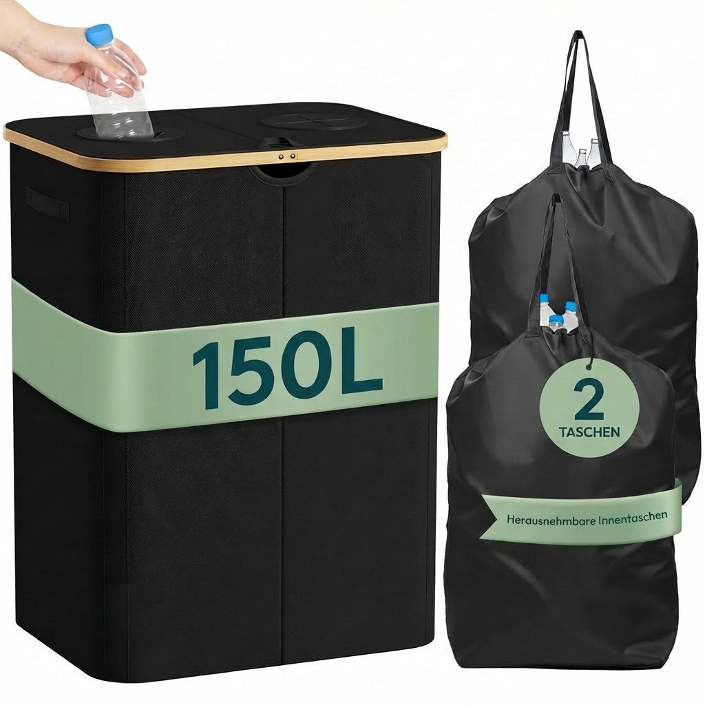 Lifewit Müllsackständer Pfandflaschen Sammelbehälter mit Bambusdeckel, Altglas und Flaschen.