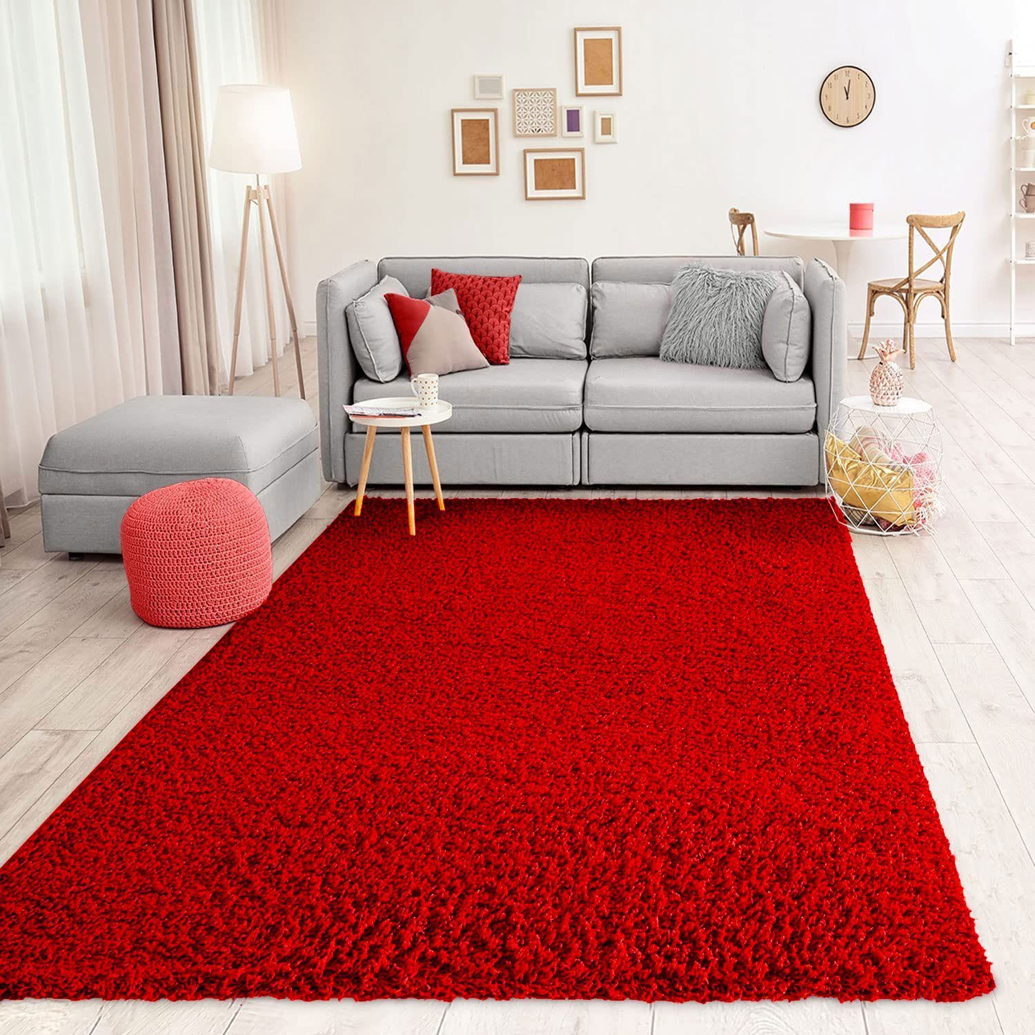 Vimoda Teppich Shaggy, Hochflor-Teppich Wohnzimmer in Rot, Rechteckig, Höhe günstig online kaufen