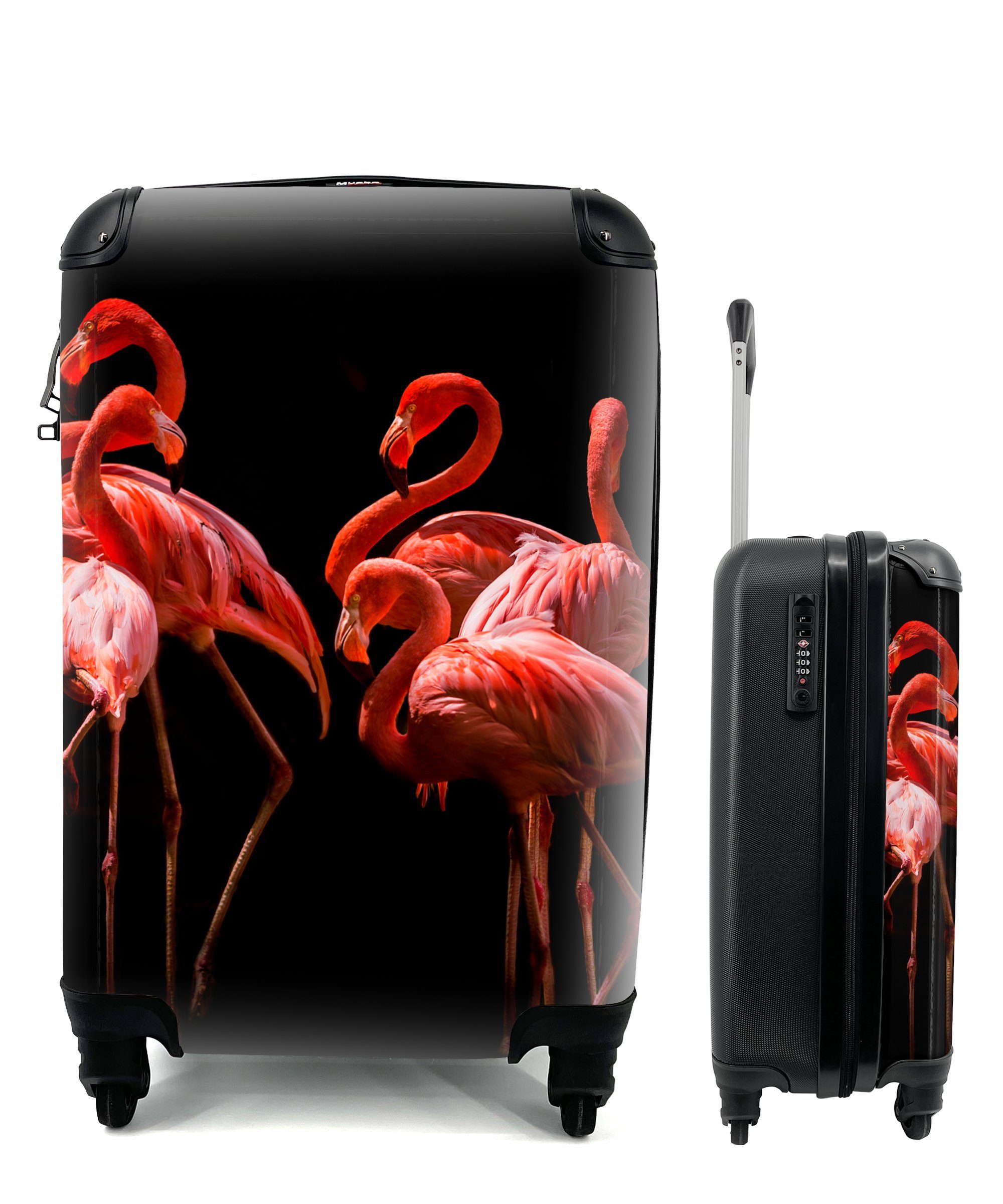 4 mit Reisekoffer Reisetasche Trolley, Schwarz, Handgepäckkoffer rollen, MuchoWow Vögel Federn Ferien, - für Handgepäck Rollen, - - Flamingos