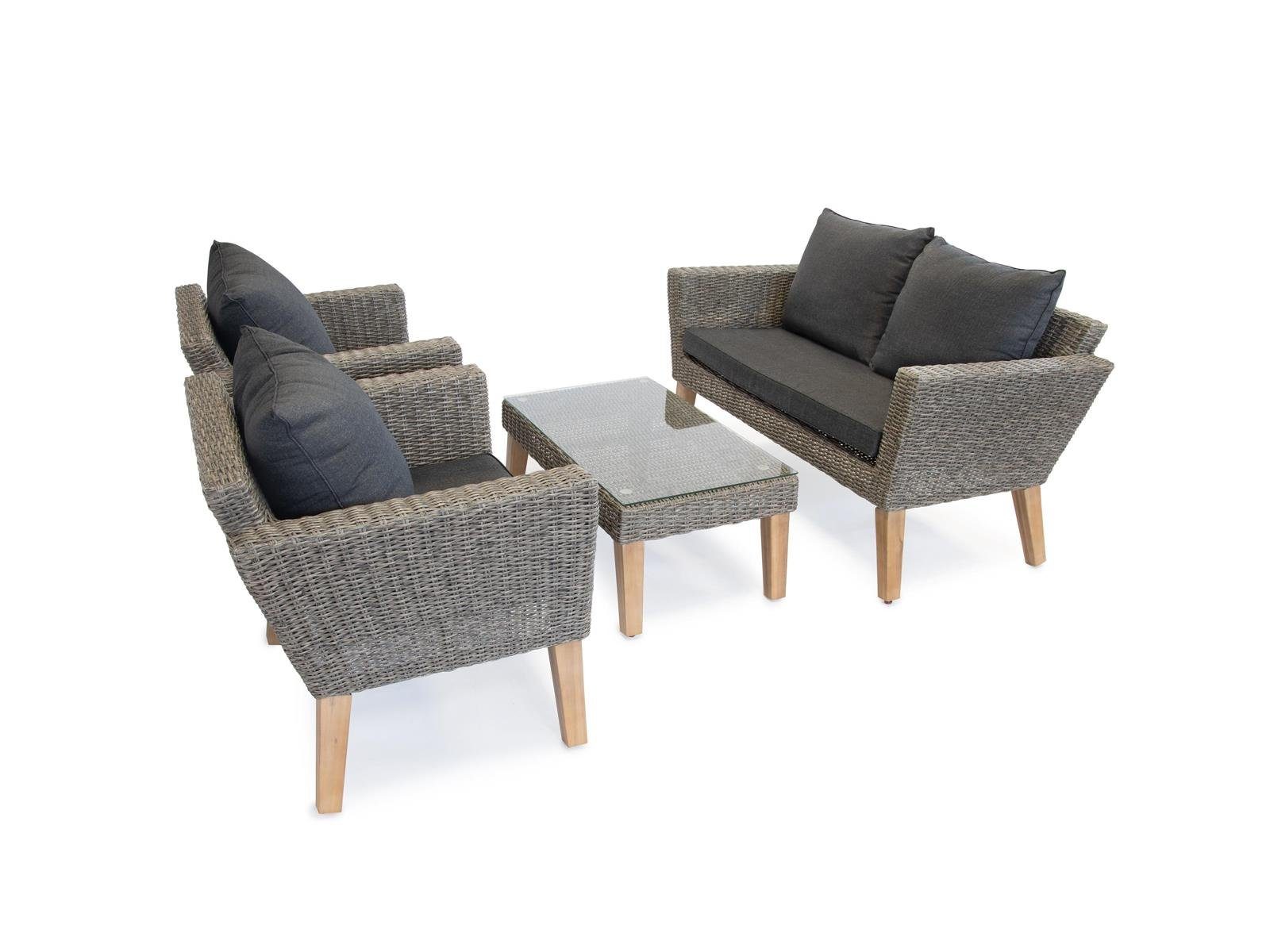 Green Spirit Balkonset »Montecristo« Gartenmöbel Set Rattan Garnitur Outdoor Lounge Gruppe, (Set, 4-tlg., 2x Sessel, 1x 2-Sitzer Gartensofa, 1x Tisch), Polyrattan, grau, 4 Personen, wetterfest, Garten, Terrasse, Balkon