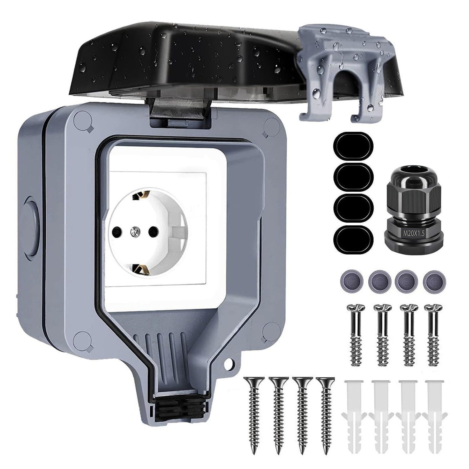 BlingBin Gartensteckdose Aussensteckdose Wasserdicht Steckdose mit Klappdeckel Wandsteckdose, 1er Set, 1-St., Steckdosenbox, Aufputz Wetterfest Gartensteckdose für Garage Wäscherei Außenbereich