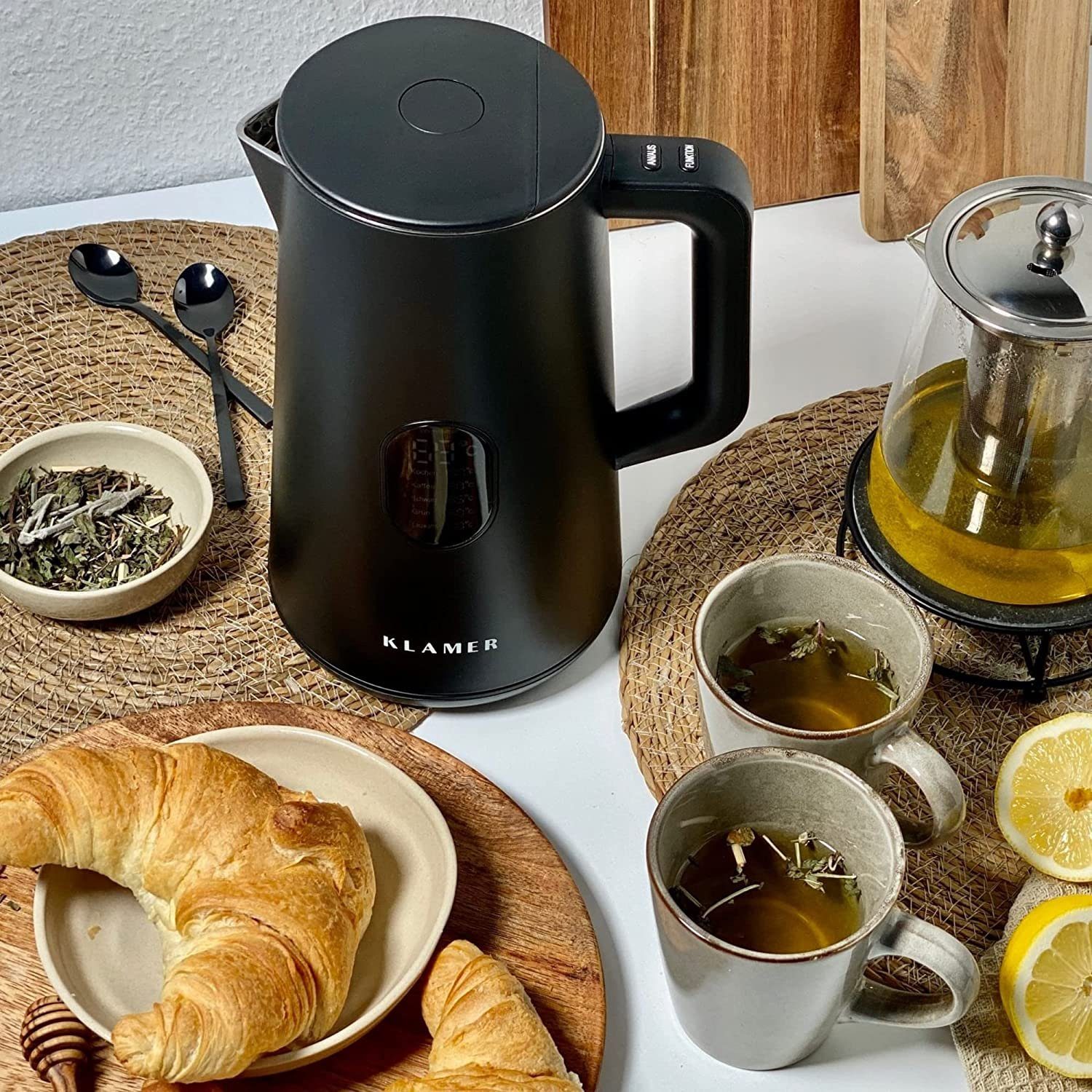 KLAMER Wasserkocher Edelstahl mit Temperatureinstellung 40-100°C, Warmhaltefunktion, matt…, 1,5 l, 1800 W, 1,5L, 5 Temp.-Einst., kalkfrei, BPA-frei, integrierter Auffangsieb