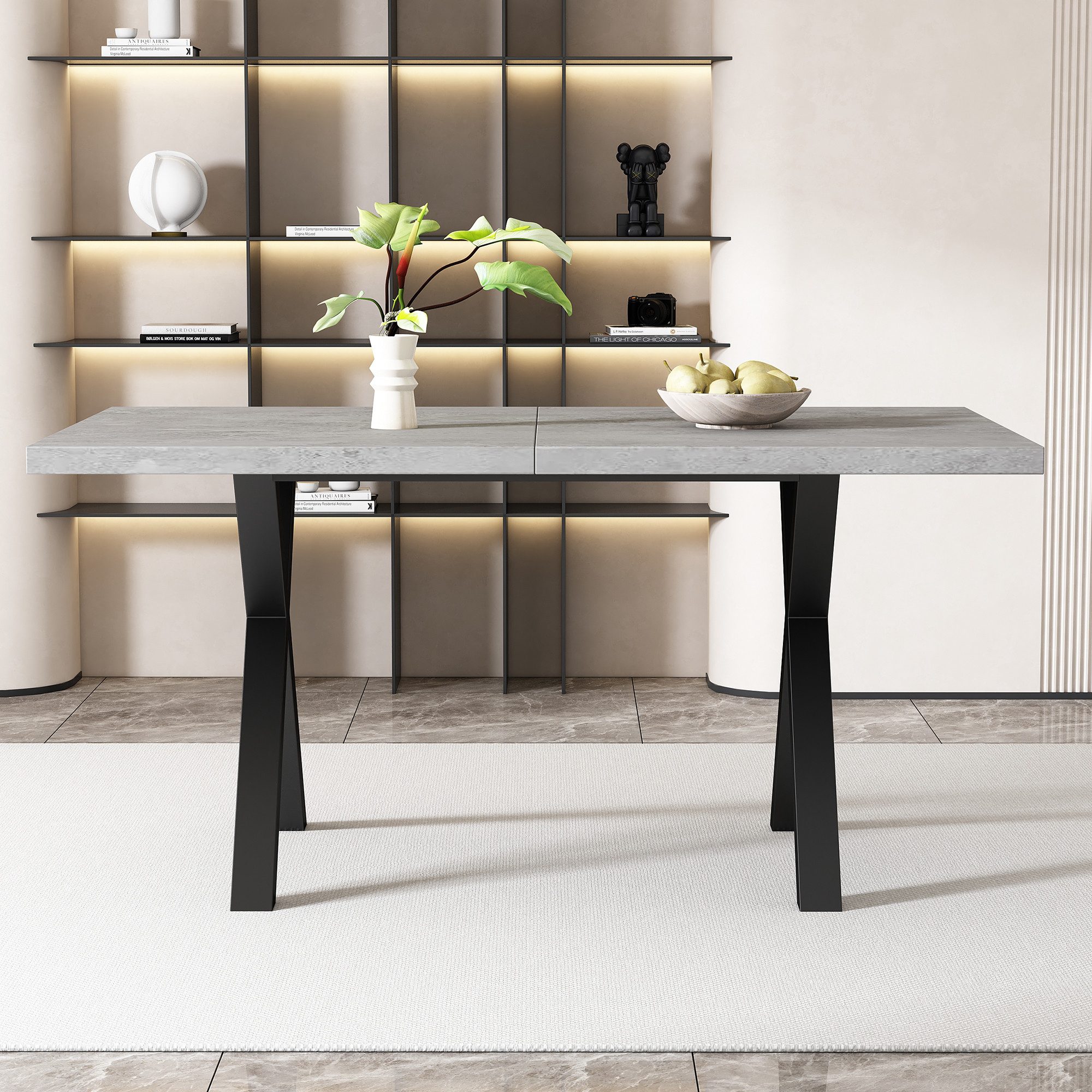 KLAM HOME Esstisch Moderner Esstisch Mit Kreuzbein Design In Eiche Und Schwarz (140x80cm Rechteckiger Tisch Aus Schmiedeeisen Und MDF), Vielseitiger Ess- Und Co – Bild 4 von 5