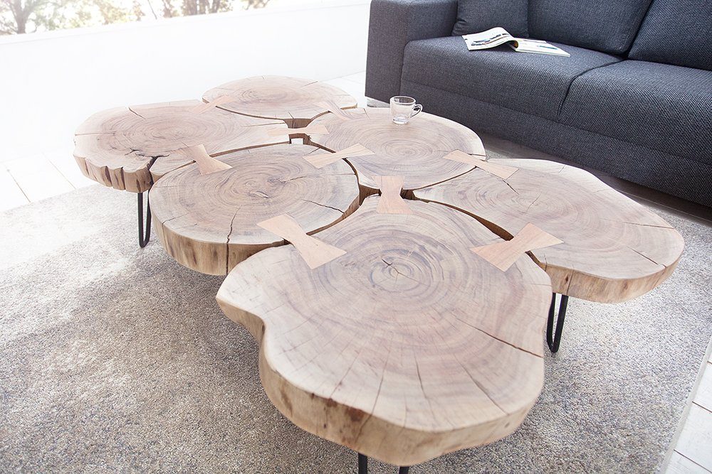 riess-ambiente Couchtisch GOA 110cm natur/schwarz - Akazie, Baumstamm, Metall, Scheiben, Massiv (Einzelartikel, 1-St), Baumscheibentisch mit 4cm Tischplatte - ideal für Wohn- und Esszimmer