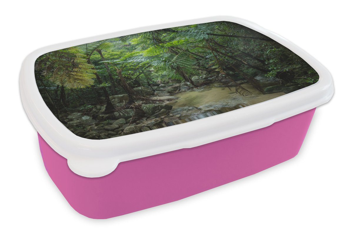 MuchoWow Lunchbox Fluss Snackbox, im für Brotbox Erwachsene, Kunststoff, Kinder, rosa Dschungel, Mädchen, (2-tlg), tropischen Kunststoff Brotdose