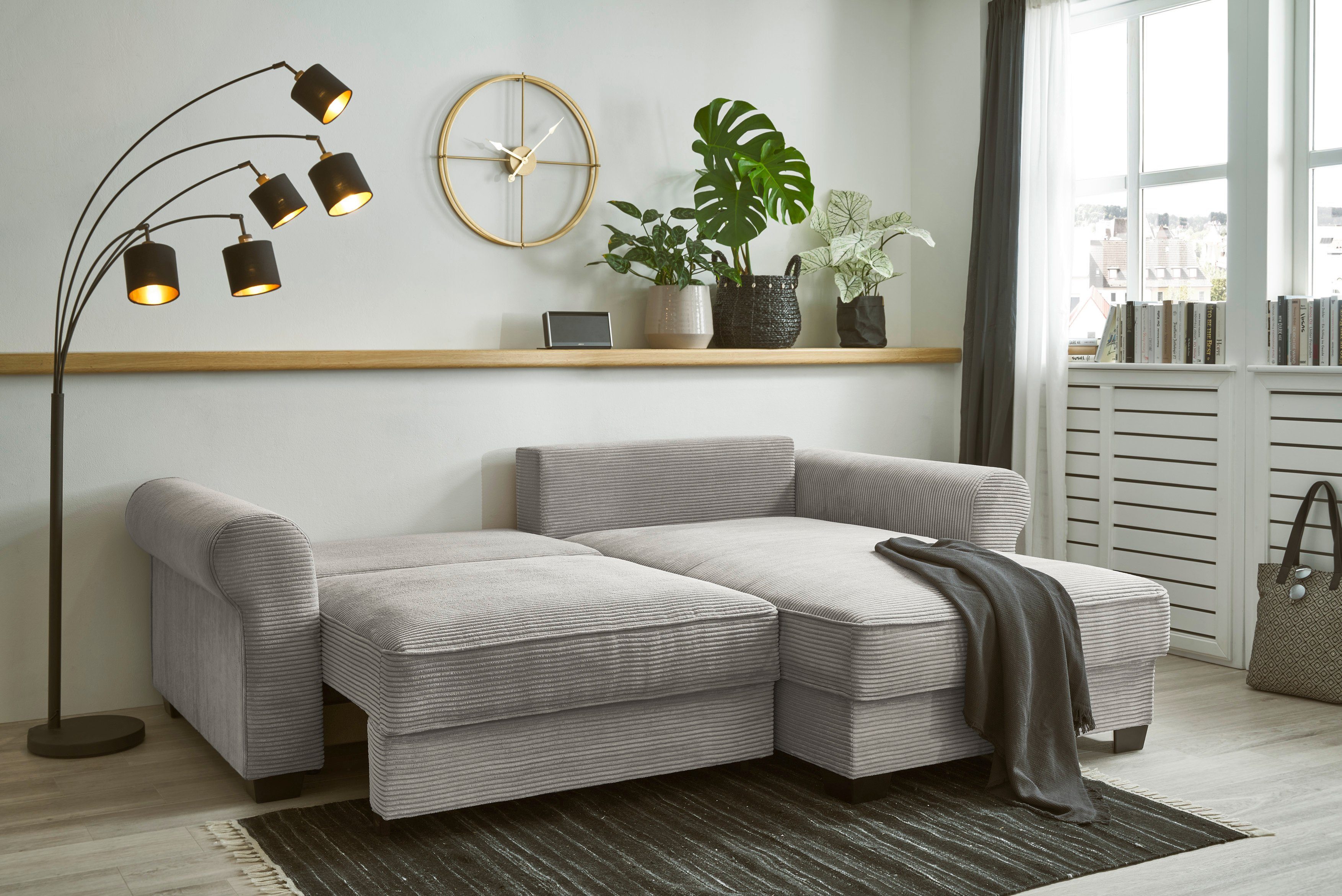 ED EXCITING DESIGN Ecksofa Angelina, mit Bettfunktion Nieren- sowie Bettkasten, und Rücken-, und grau Zierkissen