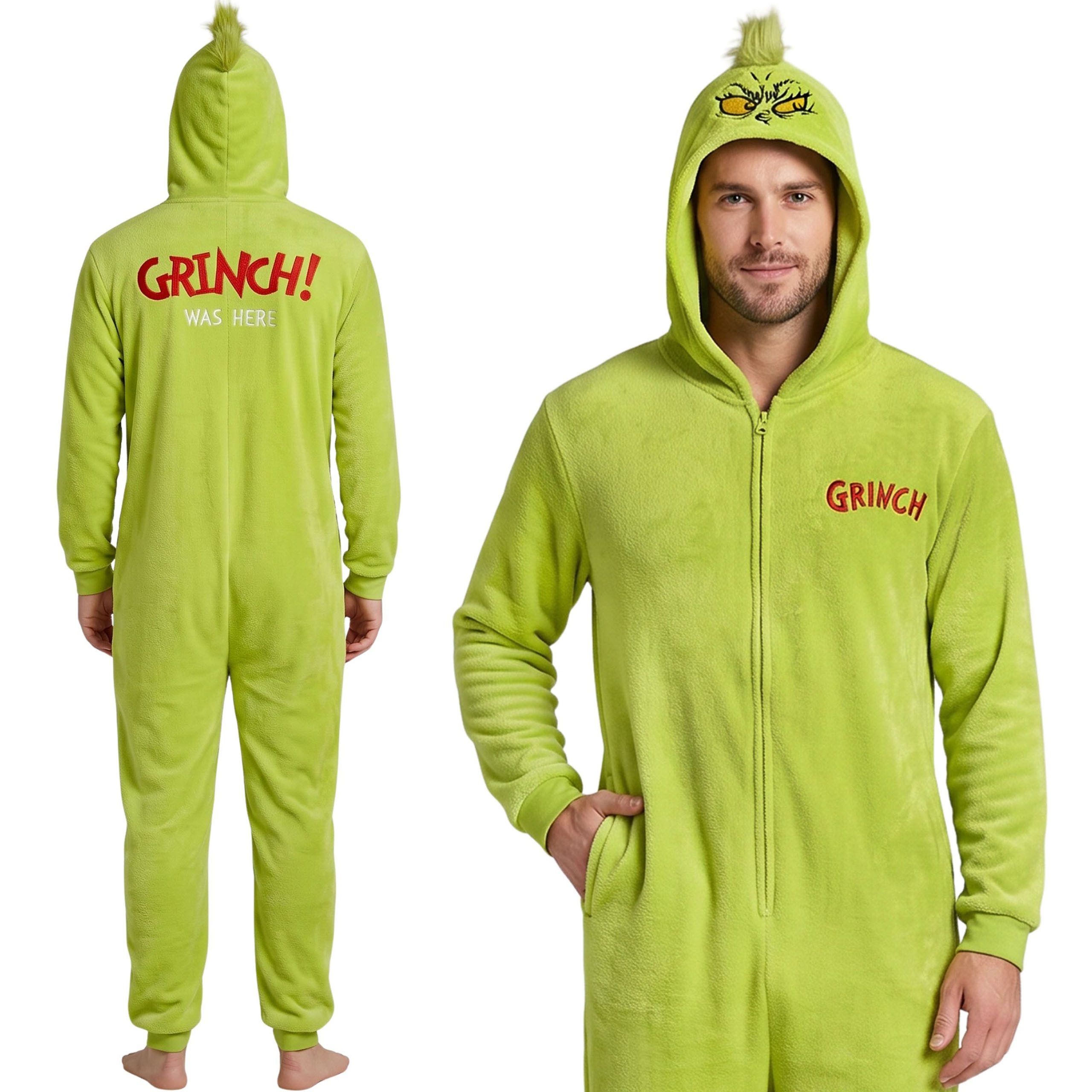 Sarcia.eu Schlafanzug Grinch Herren-Fleece-Einteiler mit Reißverschluss, WARM, mit Kapuze