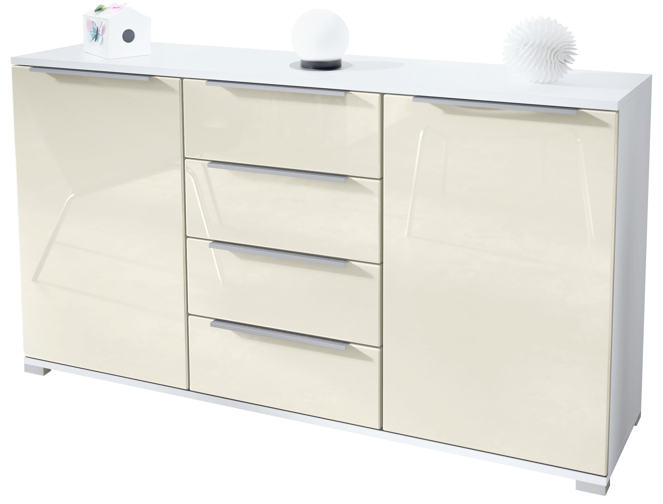 Vladon Sideboard Linio V1 (Anrichte, mit 2 Türen und 4 Schubladen), Weiß matt/Creme Hochglanz (138,5 x 75,5 x 35 cm)