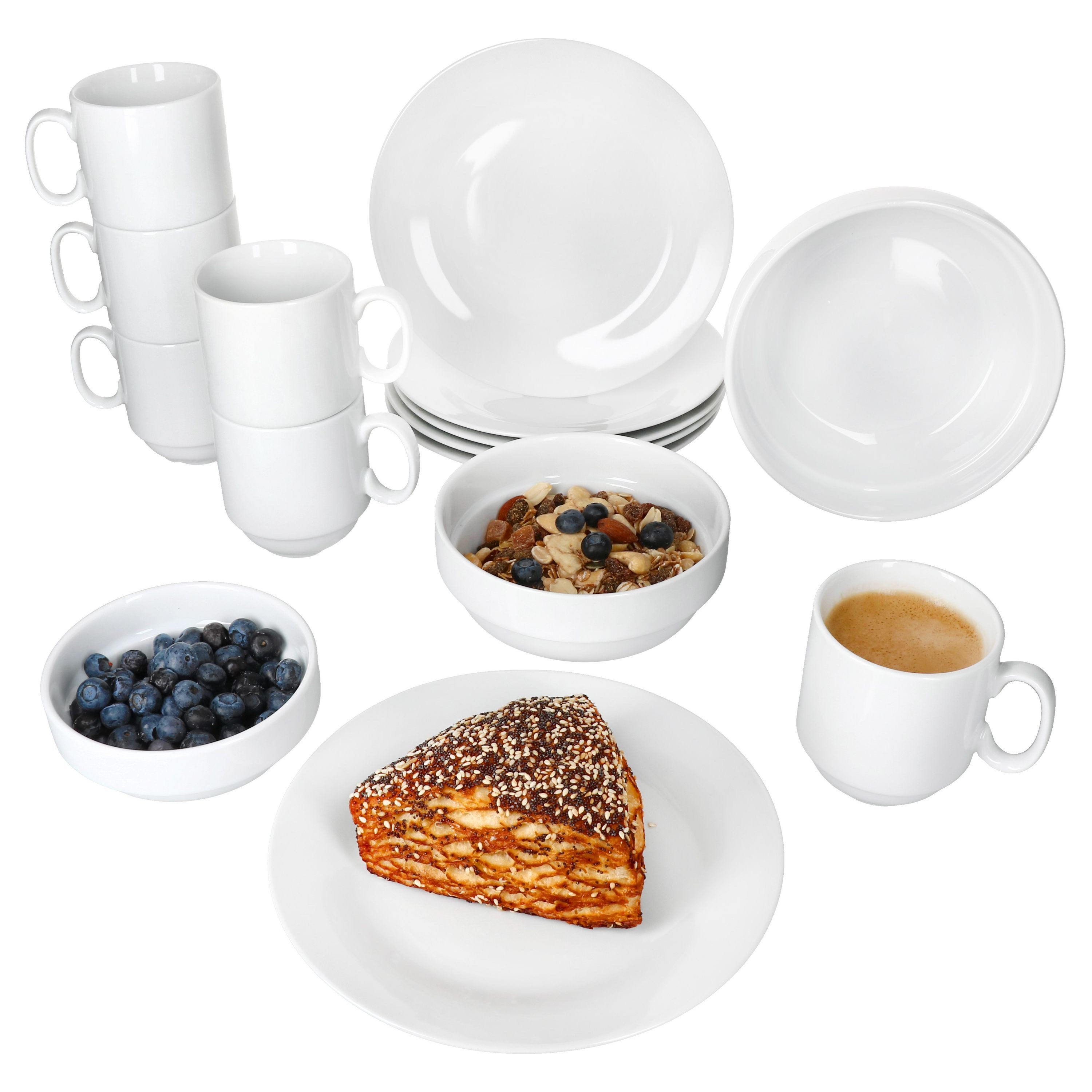 Frühstücks-Geschirrset 15tlg Frühstücksset Tommy weiß Porzellan Teller Schalen Kaffee-Becher