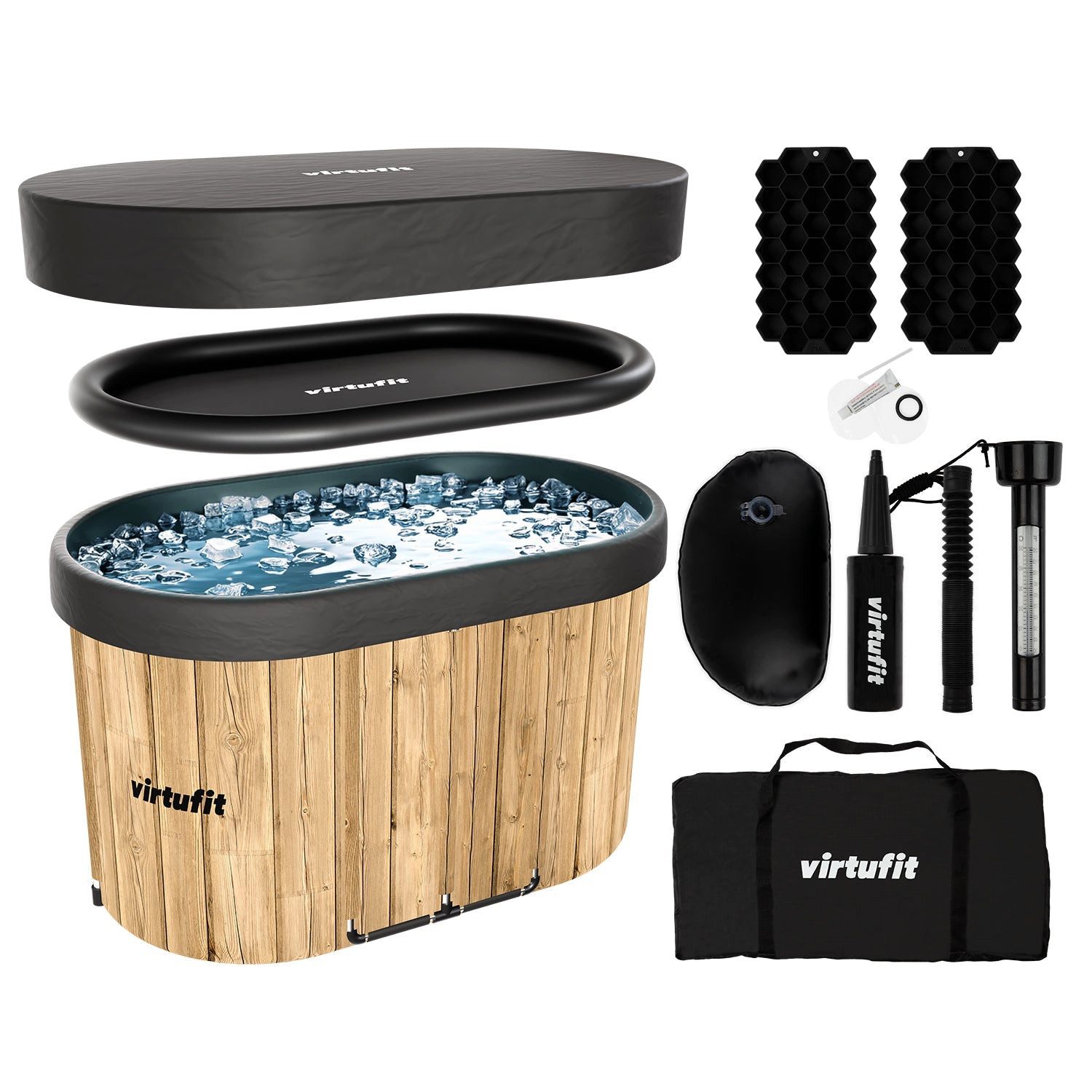 VirtuFit Badebottich VirtuFit Ovales Eisbad - 500 Liter - Wood Look inkl. Zubehör 80x80x75
