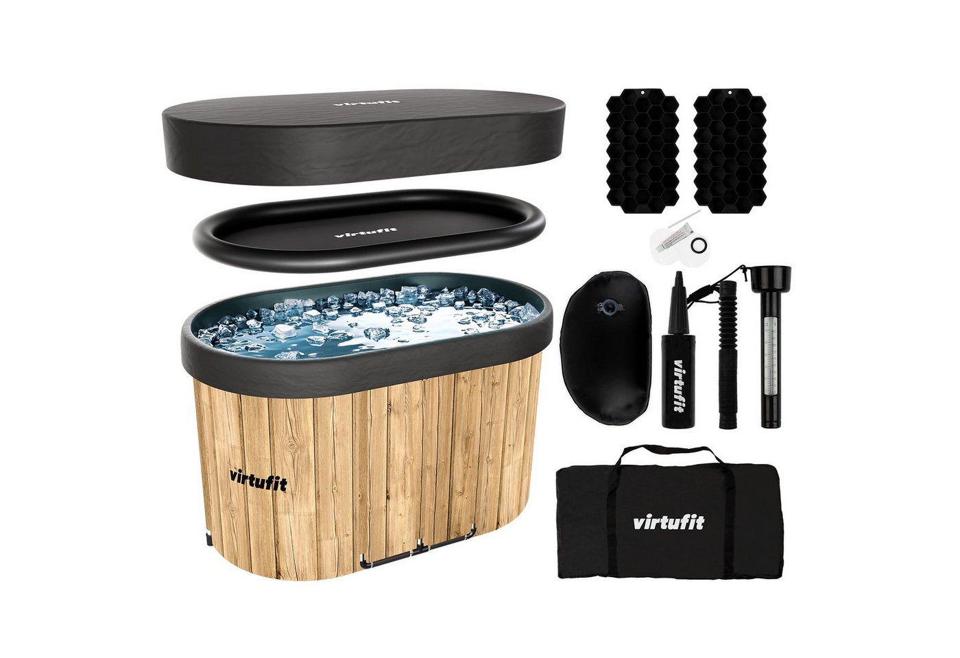 VirtuFit Badebottich VirtuFit Ovales Eisbad - 500 Liter - Wood Look inkl. Zubehör 80x80x75, für 2 Personen
