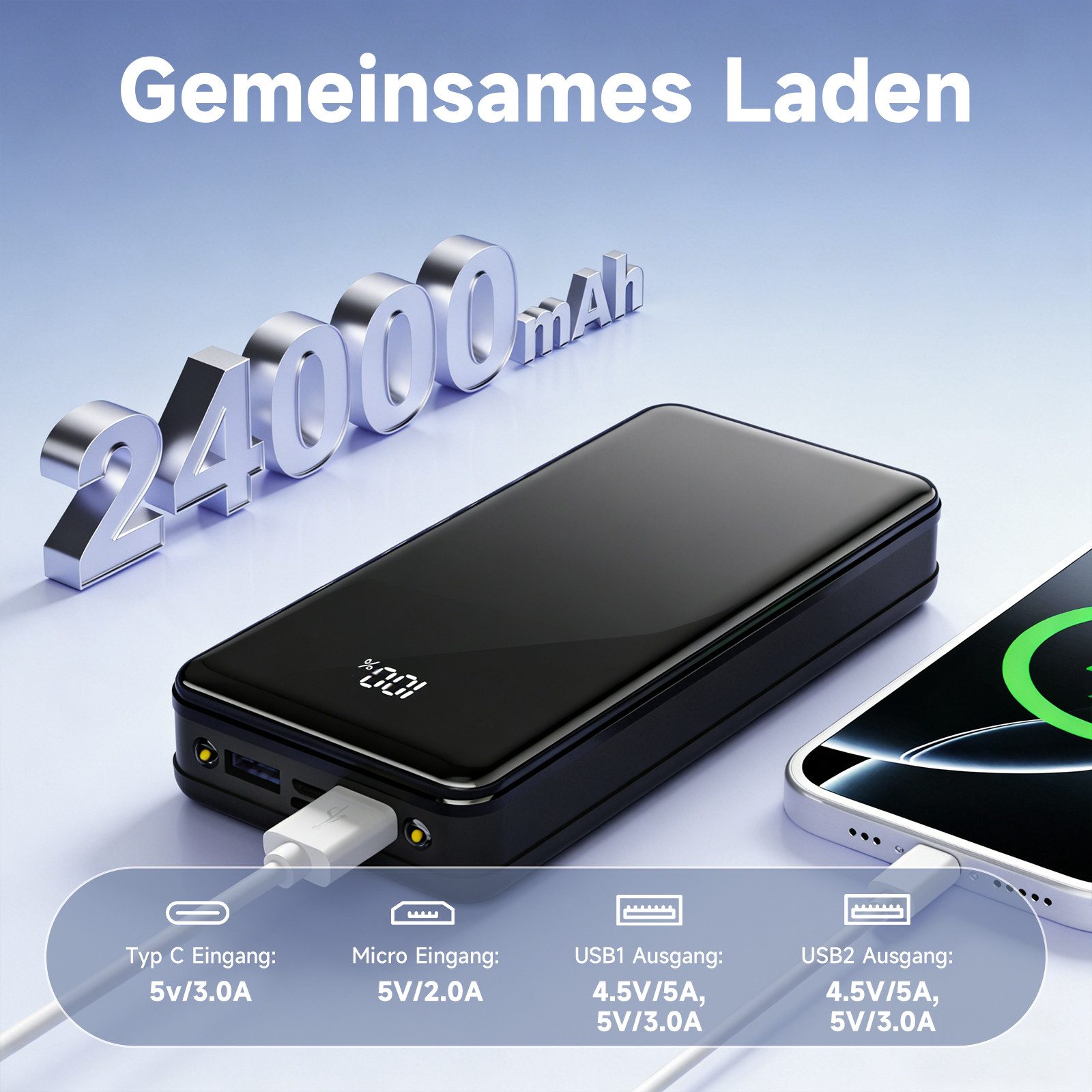 Pdgrid 24000 mAh Schnellladen mit Taschenlampe Externer Powerbank 4 Ausgänge: 2x USB-A, 1×Type-C, 1×Micro 24000 mAh, für iPhone 17/16/15, Samsung S26/S25/S22, X – Bild 5 von 5