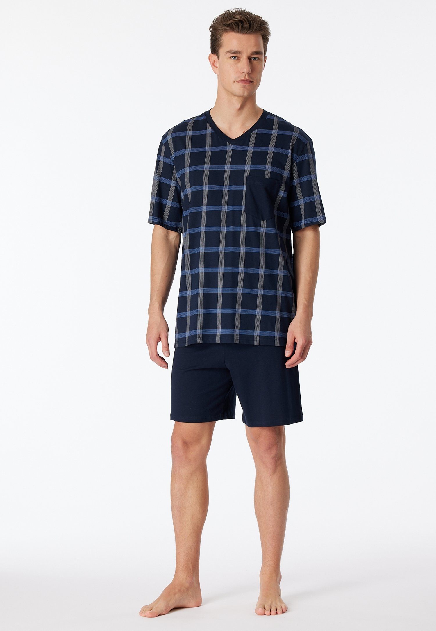 Schiesser Shorty Comfort Nightwear (2 tlg) mit klassischem Karo-Muster, V-Ausschnitt und aufgesetzter Brusttasche