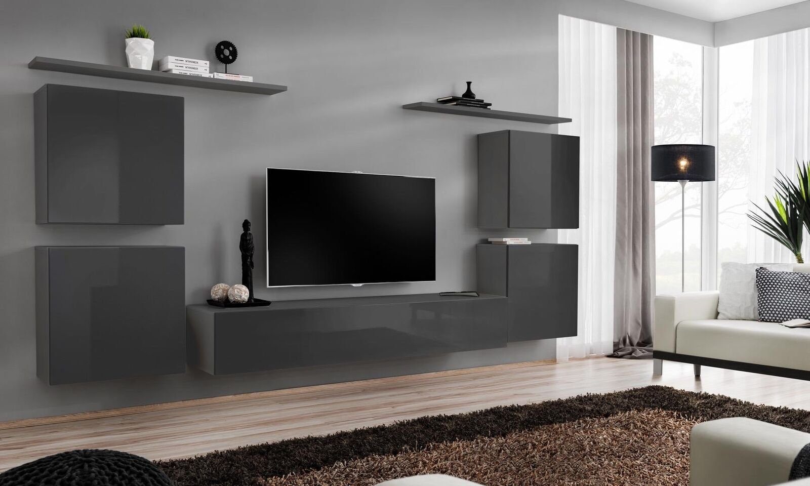 Wand + Möbel Ständer luxus 2x Wohnzimmer + 4x Wohnwand JVmoebel Made 1x in Wohnzimmer-Set Grau Wandregal), Europa Wohnwand (8-St., 1x + Ständer, TV TV Wandschrank