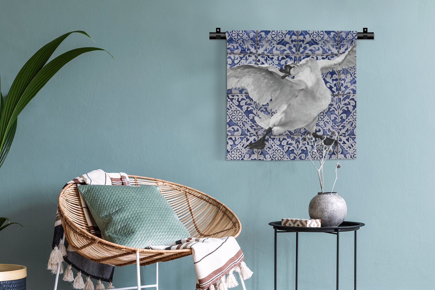 Wanddekoobjekt Malerei - Alte - Wandbehang, Blau Delfter Schlafzimmer, Schwan Kleid, Wohnzimmer, - Meister, Kinderzimmer für Wanddeko MuchoWow Kunst -