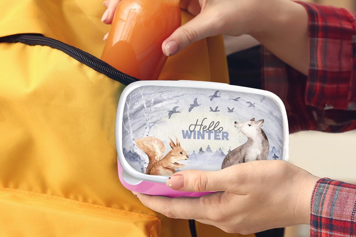Winter Mädchen, MuchoWow Kunststoff Kinder, Brotbox Brotdose (2-tlg), Snackbox, Erwachsene, rosa - Kunststoff, Tiere, für Lunchbox Schnee -