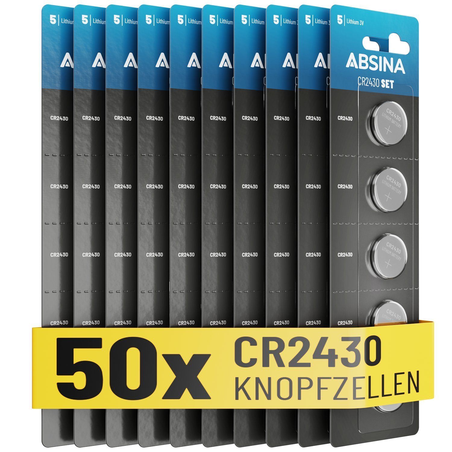 ABSINA CR2430 Knopfzelle 50er Pack - CR 2430 3V Knopfzellen, Knopfbatterie Knopfzelle, (1 St)