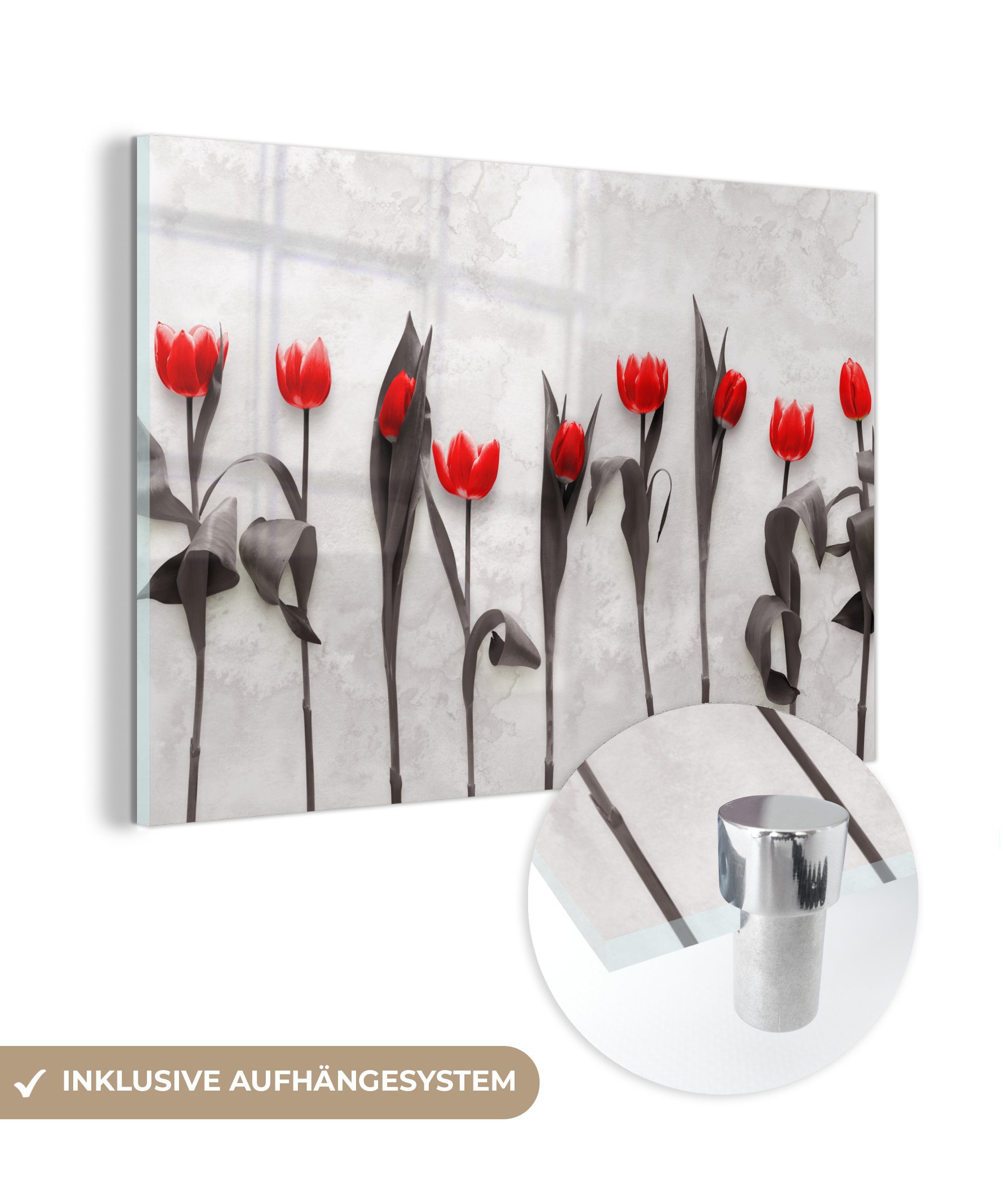 MuchoWow Acrylglasbild Blumen - Tulpen - Marmor, (1 St), Glasbilder - Bilder auf Glas Wandbild - Foto auf Glas - Wanddekoration