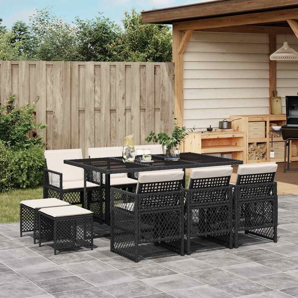 vidaXL Garten-Essgruppe 11-tlg. Garten-Essgruppe mit Kissen Schwarz Poly Rattan, (10-tlg)