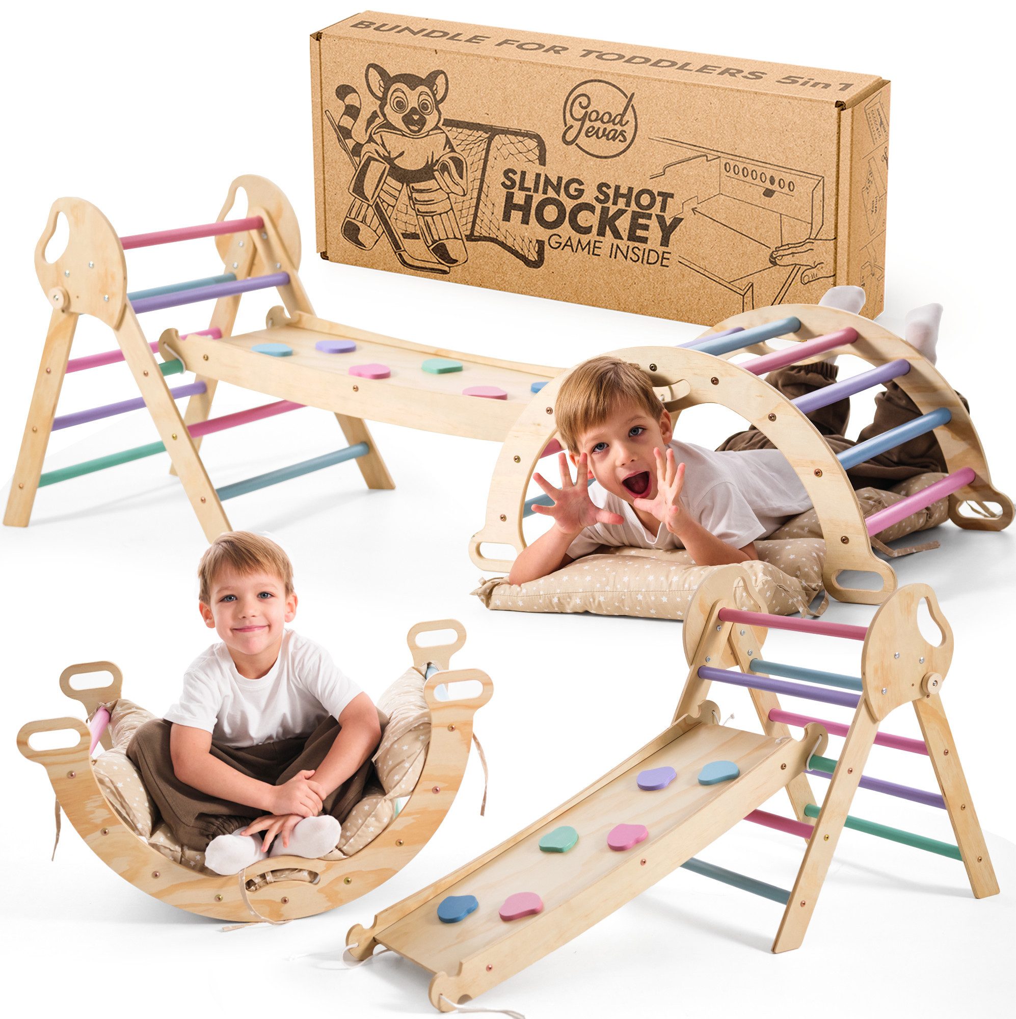 Goodevas Klettergerüst 5-in-1 Montessori Holz-Kletter-Set 5in1 für Kleinkinder 1-3 Jahre alt, (5-St., Montessori Holz-Kletter-Set 5in1 & Kunst-Set)